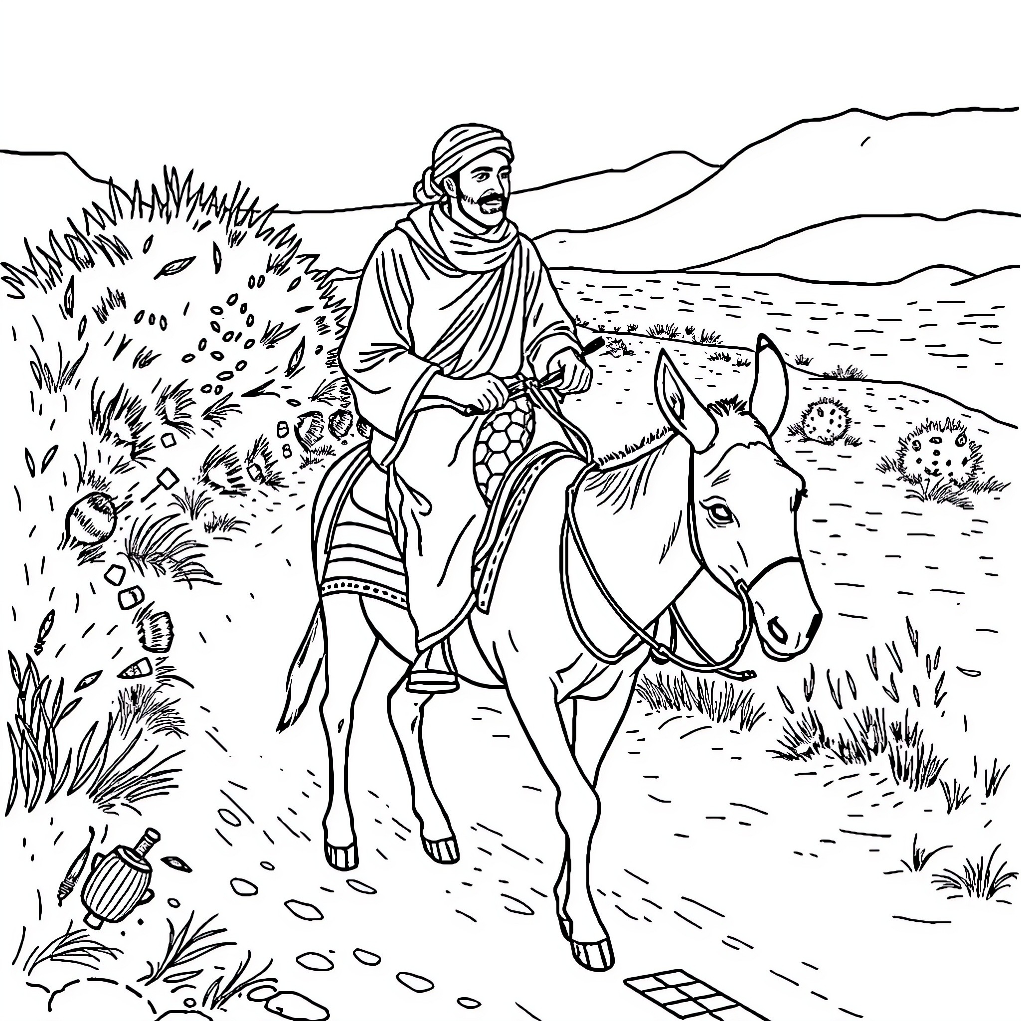 Amazigh Man Traveling by Donkey in Desert Landscape Coloring Page (free black-and-white line drawing printable PDF for all, from beginners to advanced learners, including children, teens, adults, and seniors)