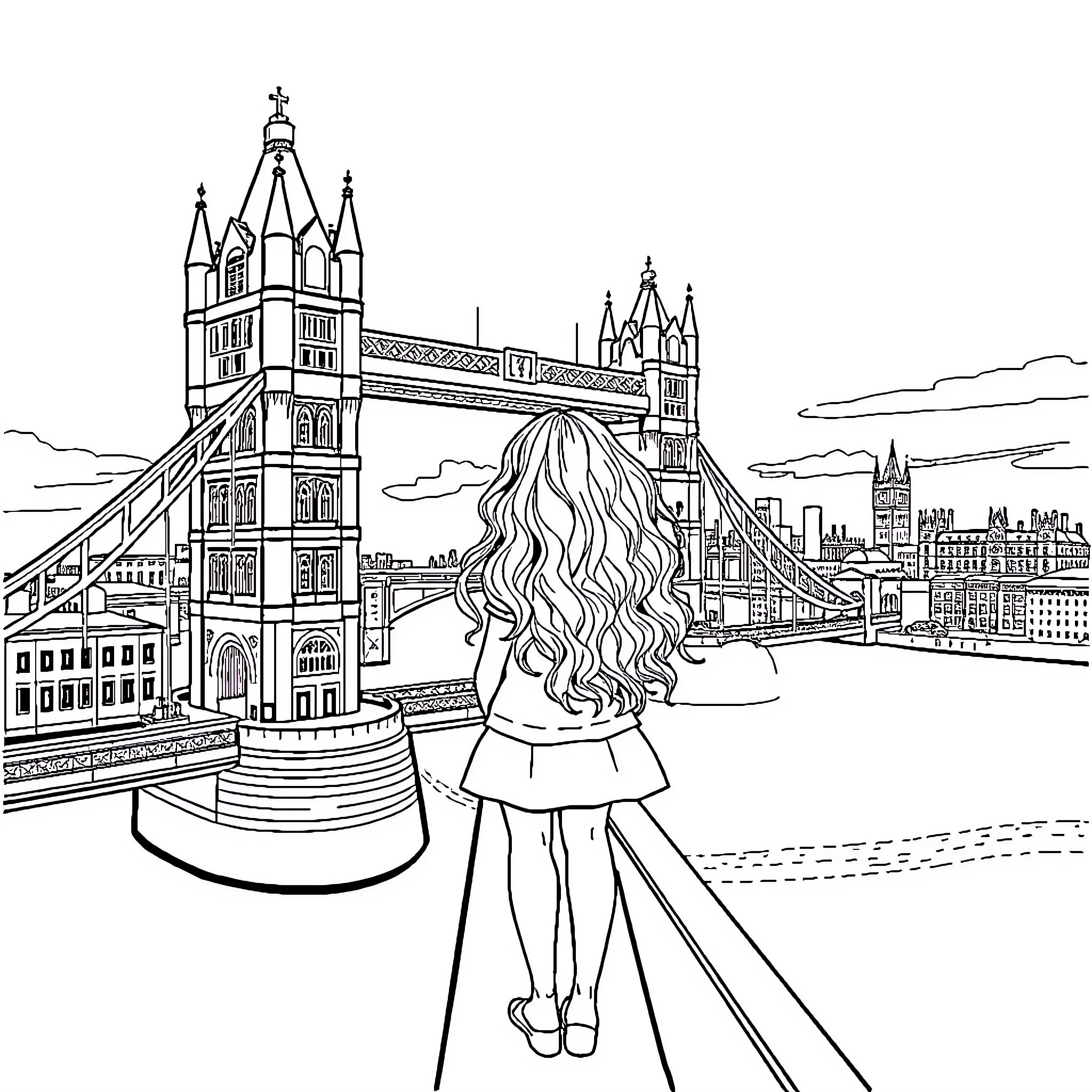 Girl Admiring the Iconic Tower Bridge Coloring Page (free black-and-white line drawing printable PDF for all, from beginners to advanced learners, including children, teens, adults, and seniors)