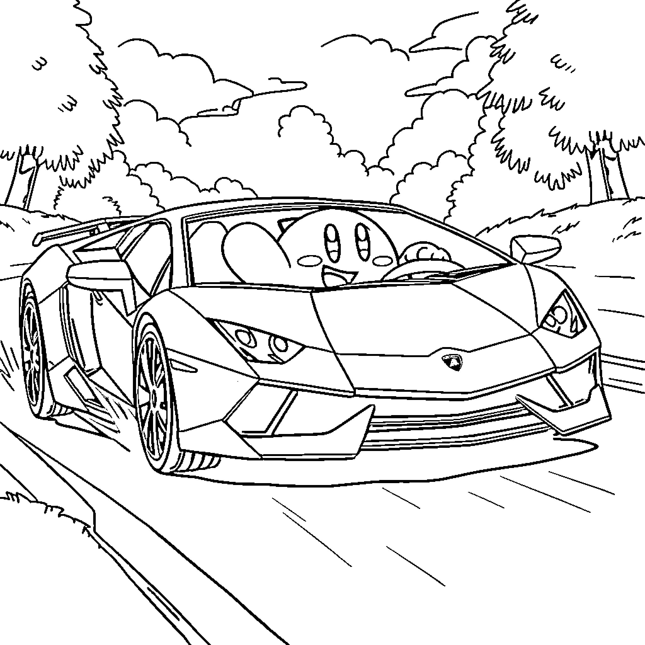 Kirby's High-Speed Sports Car Adventure Coloring Page (free black-and-white line drawing printable PDF for all, from beginners to advanced learners, including children, teens, adults, and seniors)