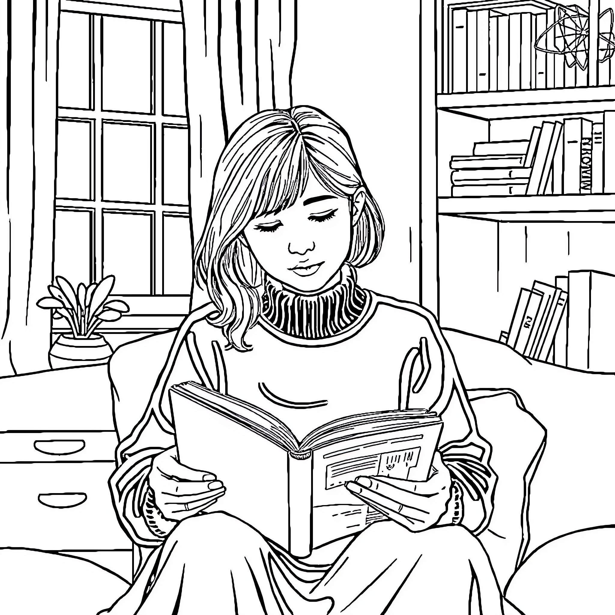 Kim Dokja reading a book in a cozy room Coloring Page (free black-and-white line drawing printable PDF for all, from beginners to advanced learners, including children, teens, adults, and seniors)