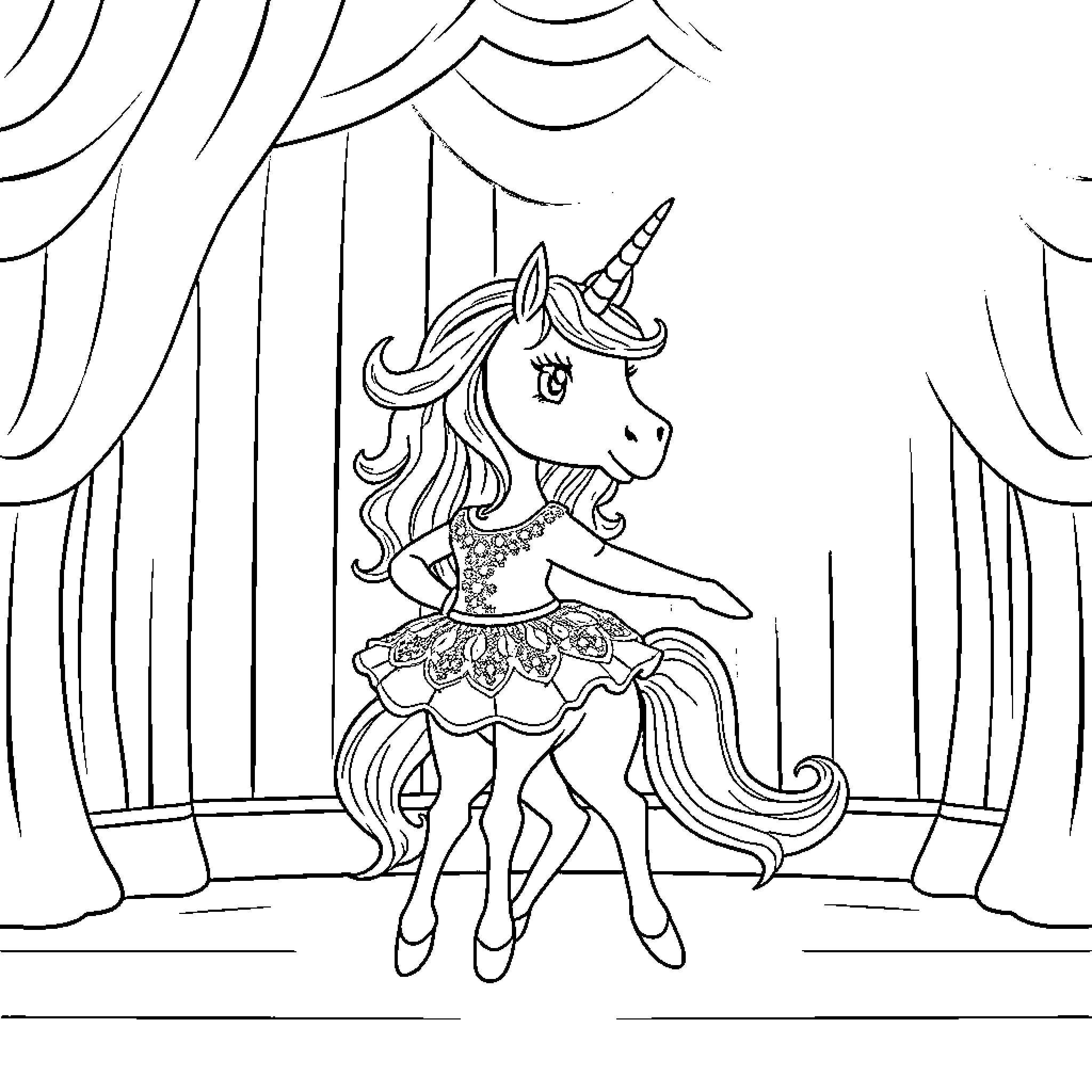 Unicorn performing on stage in a fancy outfit Coloring Page (free black-and-white line drawing printable PDF for all, from beginners to advanced learners, including children, teens, adults, and seniors)