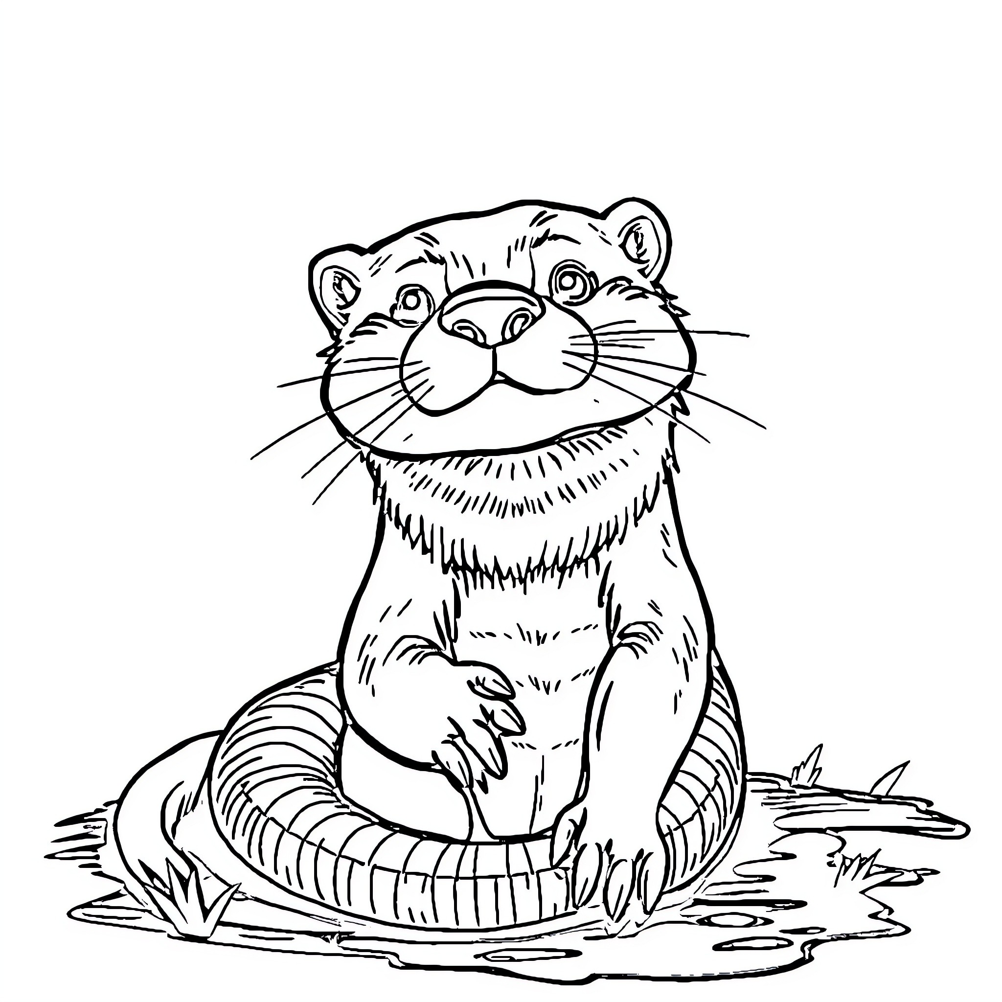 Otter sitting cutely on the riverbank Coloring Page (free black-and-white line drawing printable PDF for all, from beginners to advanced learners, including children, teens, adults, and seniors)