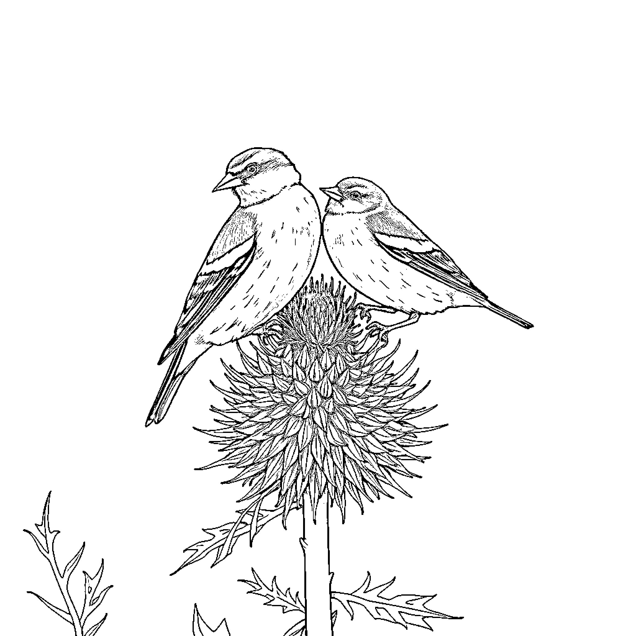Goldfinch pair perched on a thistle Coloring Page (free black-and-white line drawing printable PDF for all, from beginners to advanced learners, including children, teens, adults, and seniors)