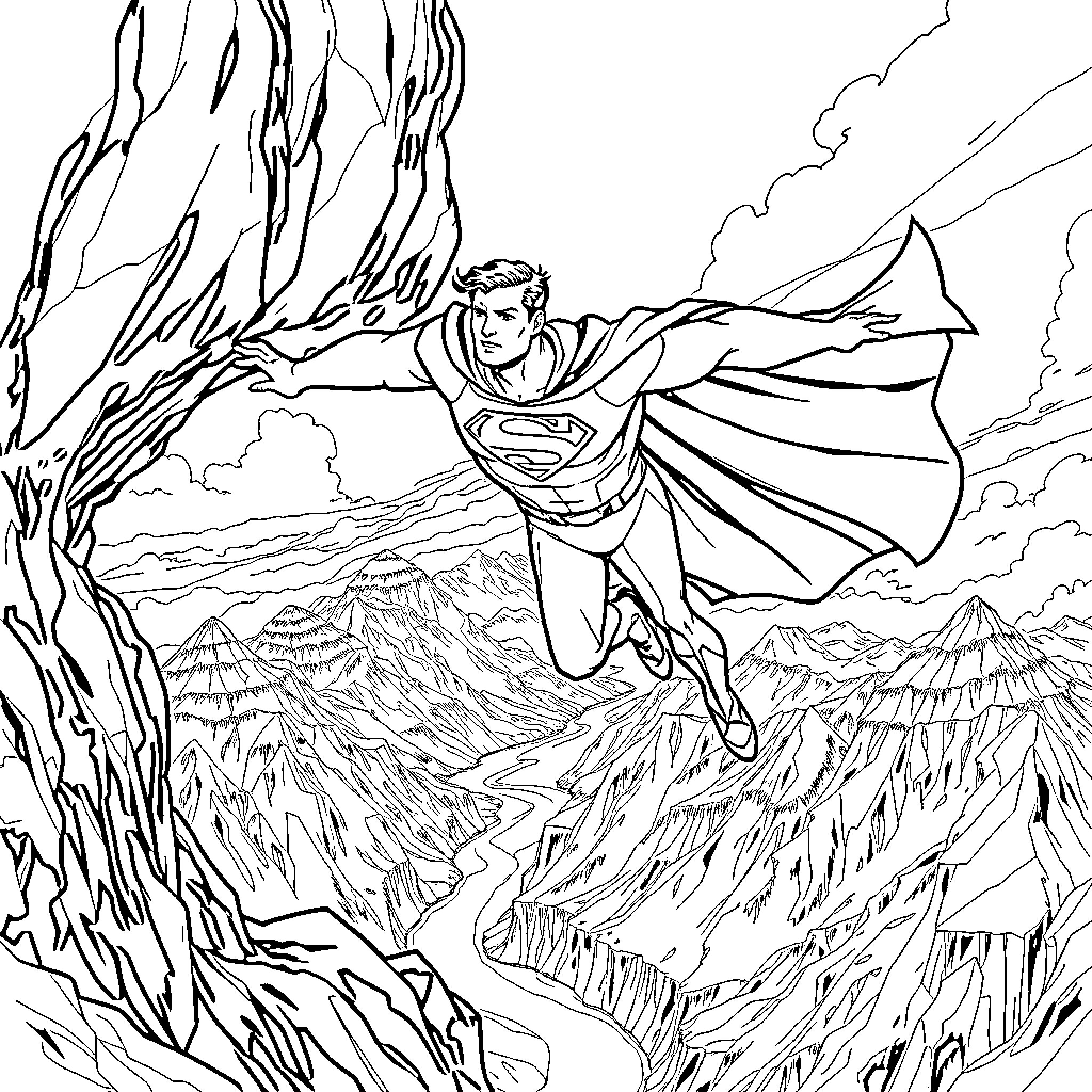 Superman soaring through the skies above the mountains Coloring Page (free black-and-white line drawing printable PDF for all, from beginners to advanced learners, including children, teens, adults, and seniors)