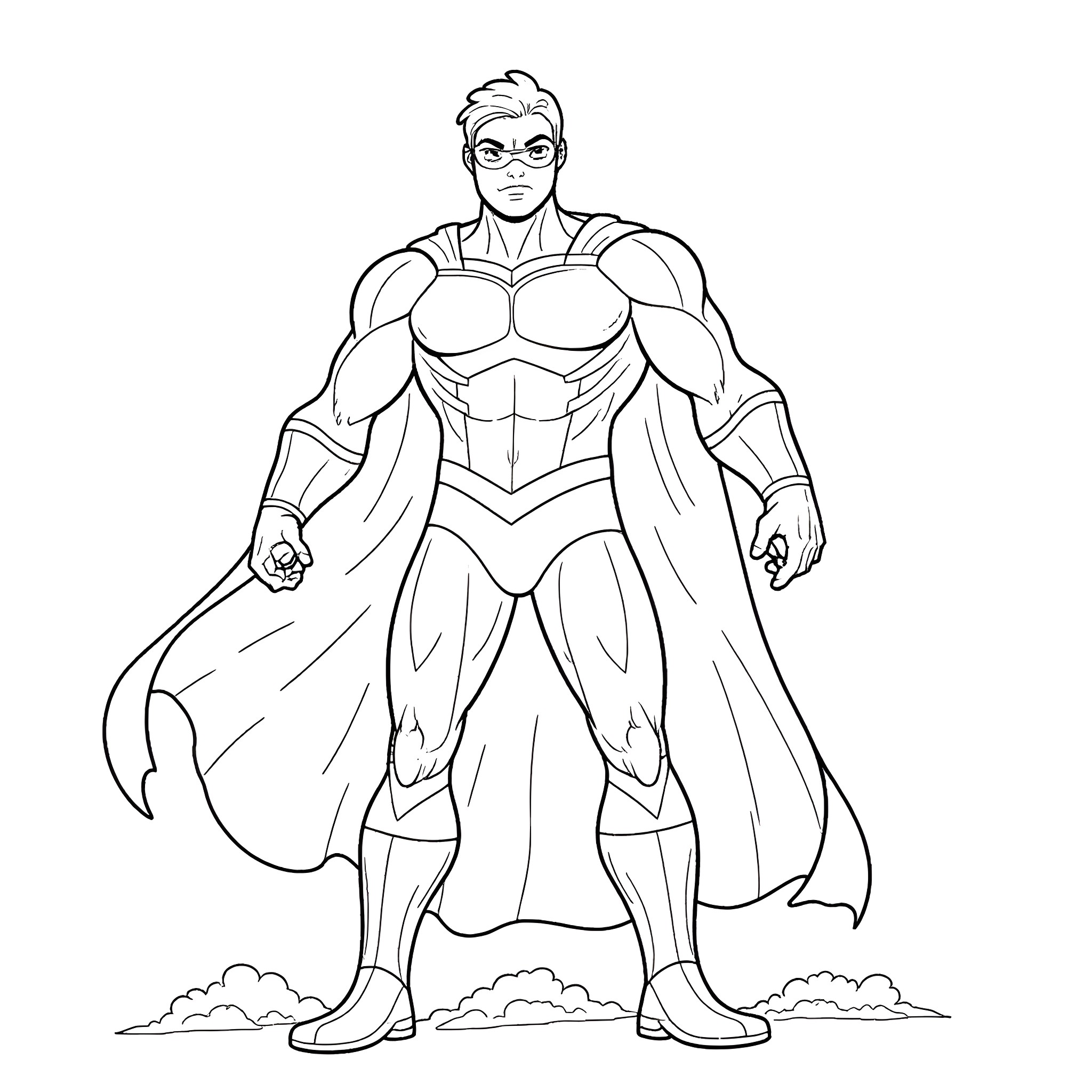 Captain Planet hero in heroic stance with cape Coloring Page (free black-and-white line drawing printable PDF for all, from beginners to advanced learners, including children, teens, adults, and seniors)