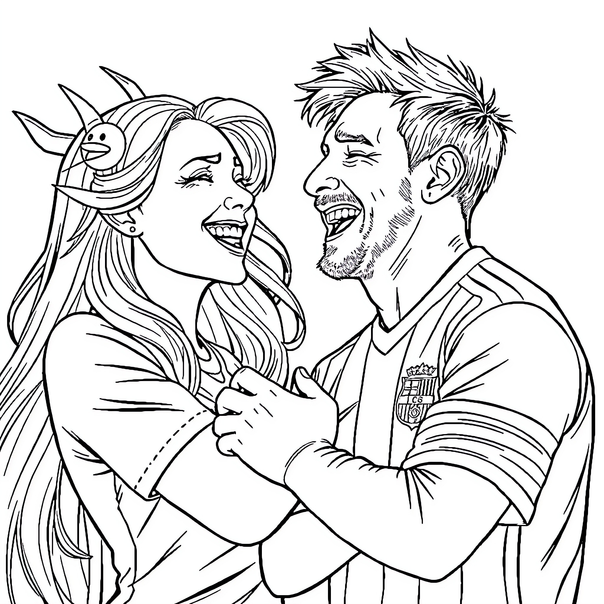Merlina and the footballer's joyful celebration Coloring Page (free black-and-white line drawing printable PDF for all, from beginners to advanced learners, including children, teens, adults, and seniors)