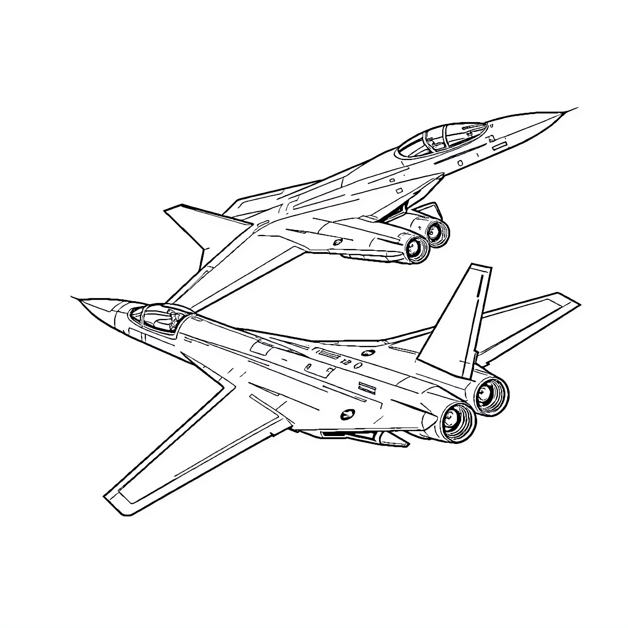 Fighter Jets in Combat Maneuver Coloring Page (free black-and-white line drawing printable PDF for all, from beginners to advanced learners, including children, teens, adults, and seniors)
