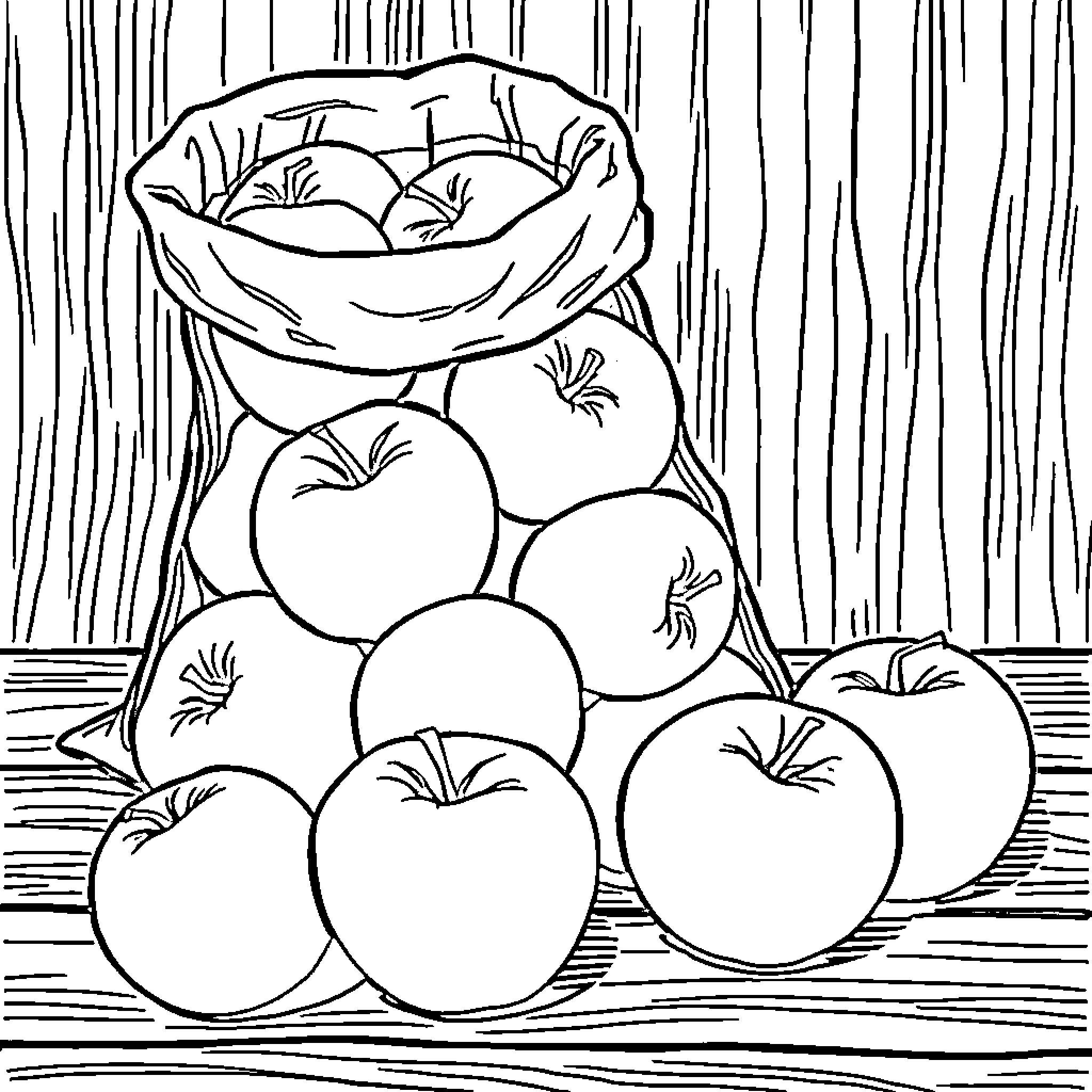 Apple Basket Filled with Fresh Produce Coloring Page (free black-and-white line drawing printable PDF for all, from beginners to advanced learners, including children, teens, adults, and seniors)