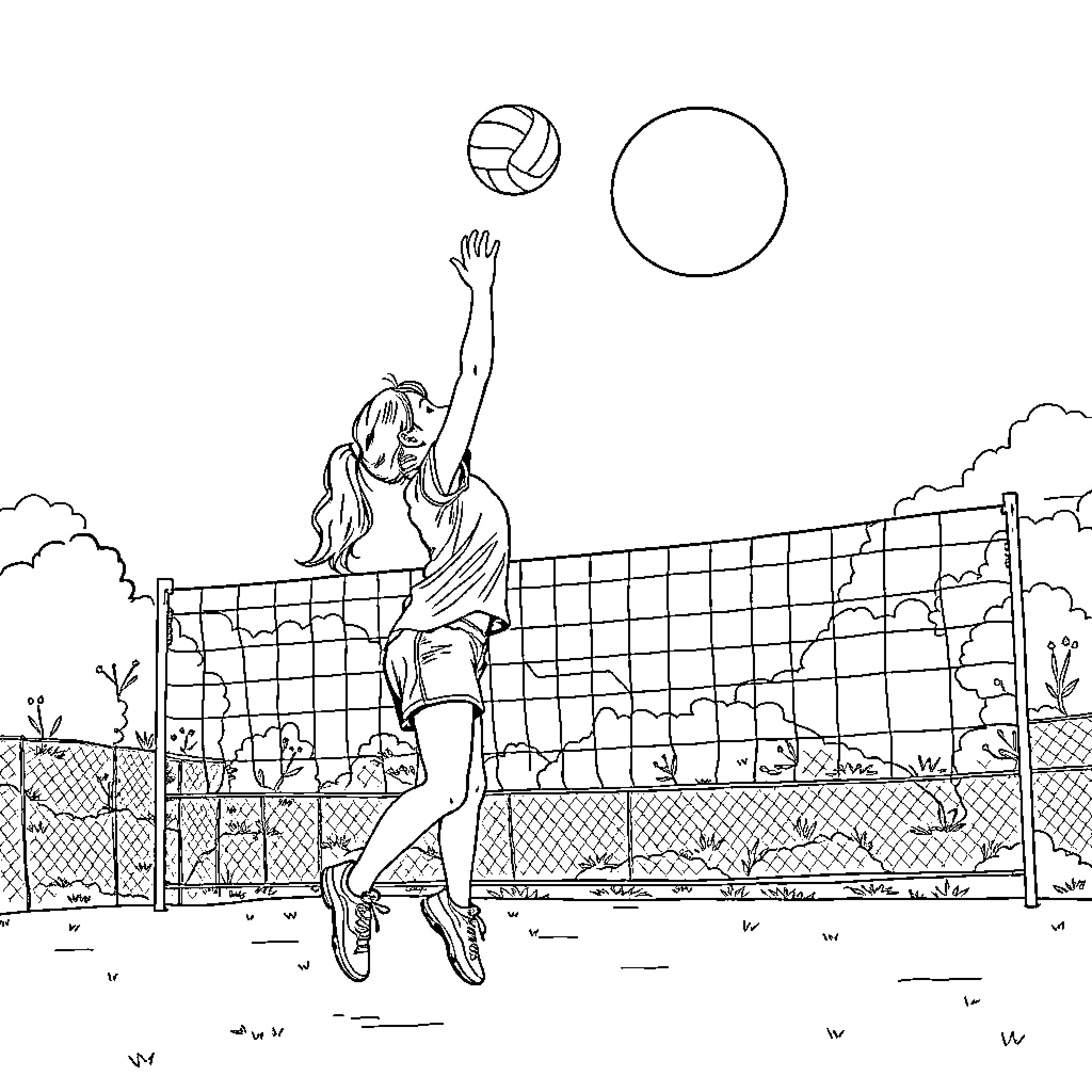 Volleyball players in outdoor court with net Coloring Page (free black-and-white line drawing printable PDF for all, from beginners to advanced learners, including children, teens, adults, and seniors)