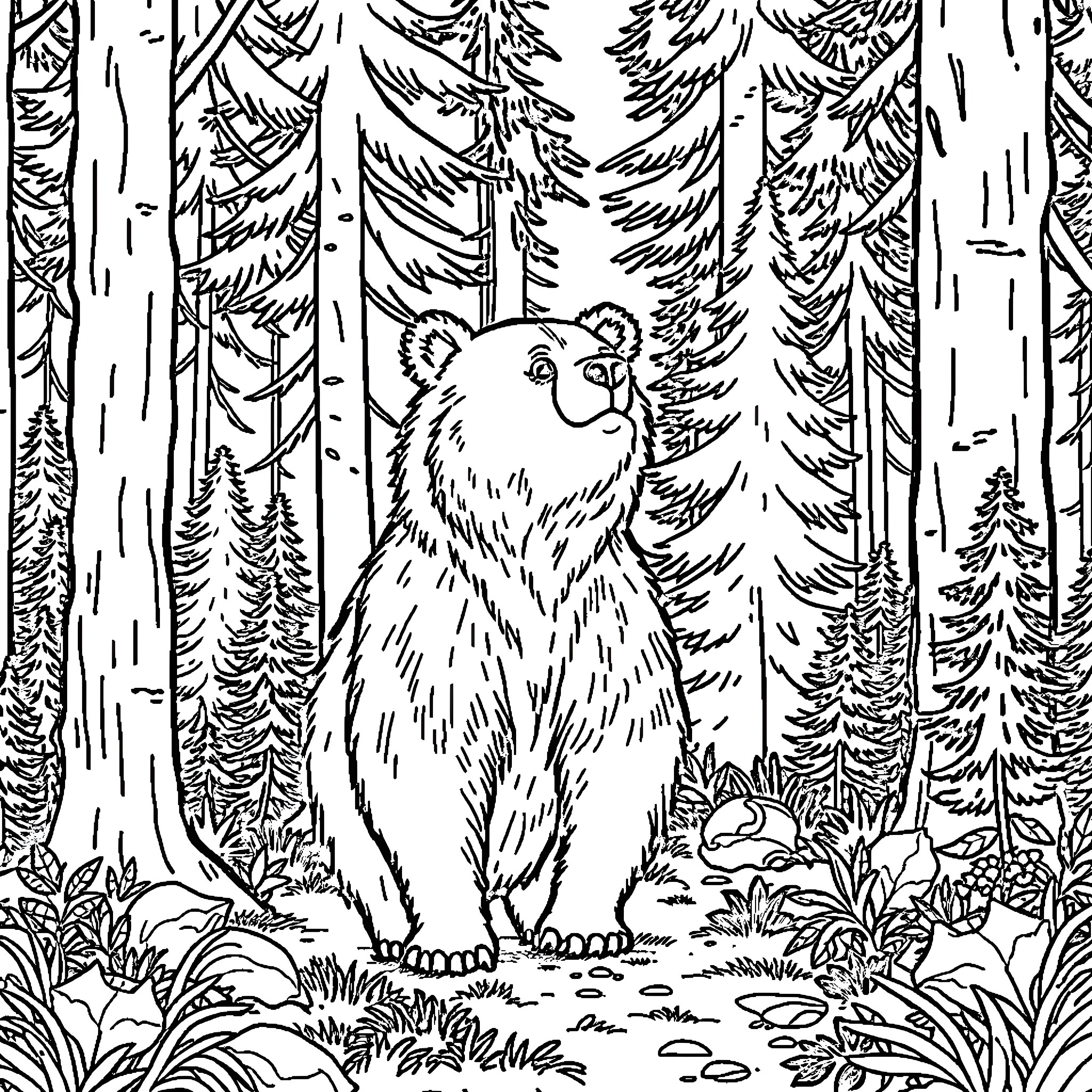 Bear exploring the lush forest Coloring Page (free black-and-white line drawing printable PDF for all, from beginners to advanced learners, including children, teens, adults, and seniors)