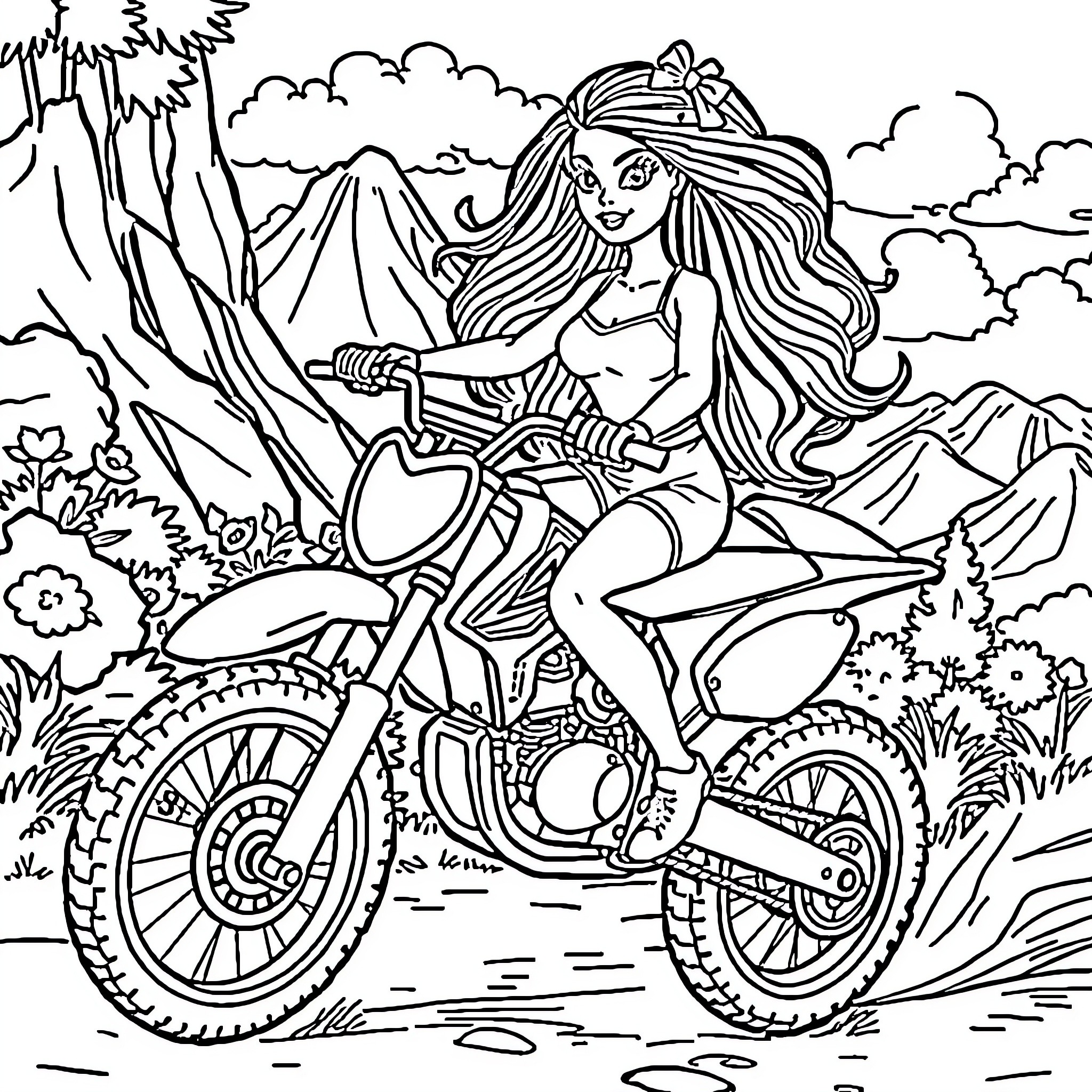 Barbie riding motorcycle in the wilderness Coloring Page (free black-and-white line drawing printable PDF for all, from beginners to advanced learners, including children, teens, adults, and seniors)