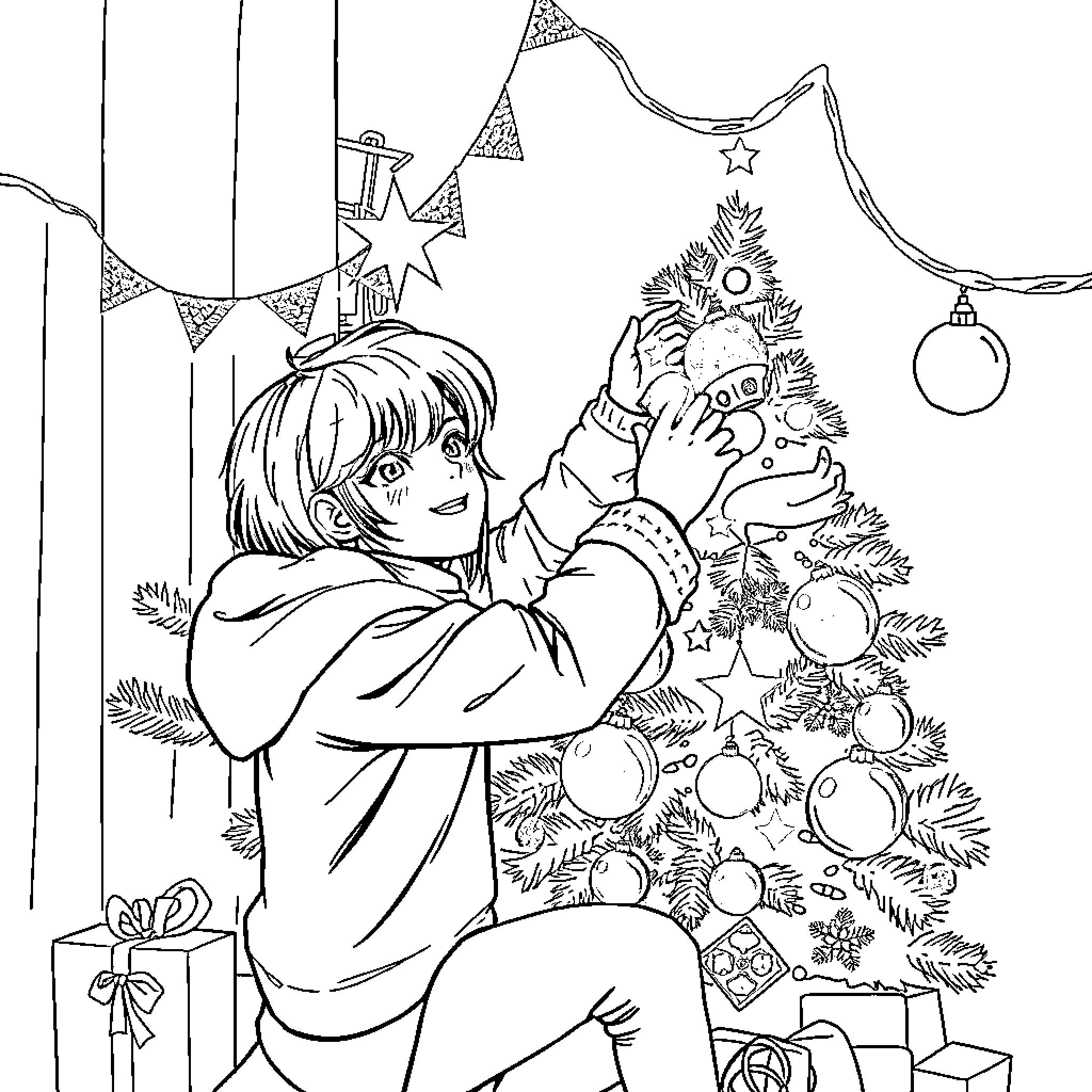 Rumi decorating the Christmas tree with joy Coloring Page (free black-and-white line drawing printable PDF for all, from beginners to advanced learners, including children, teens, adults, and seniors)