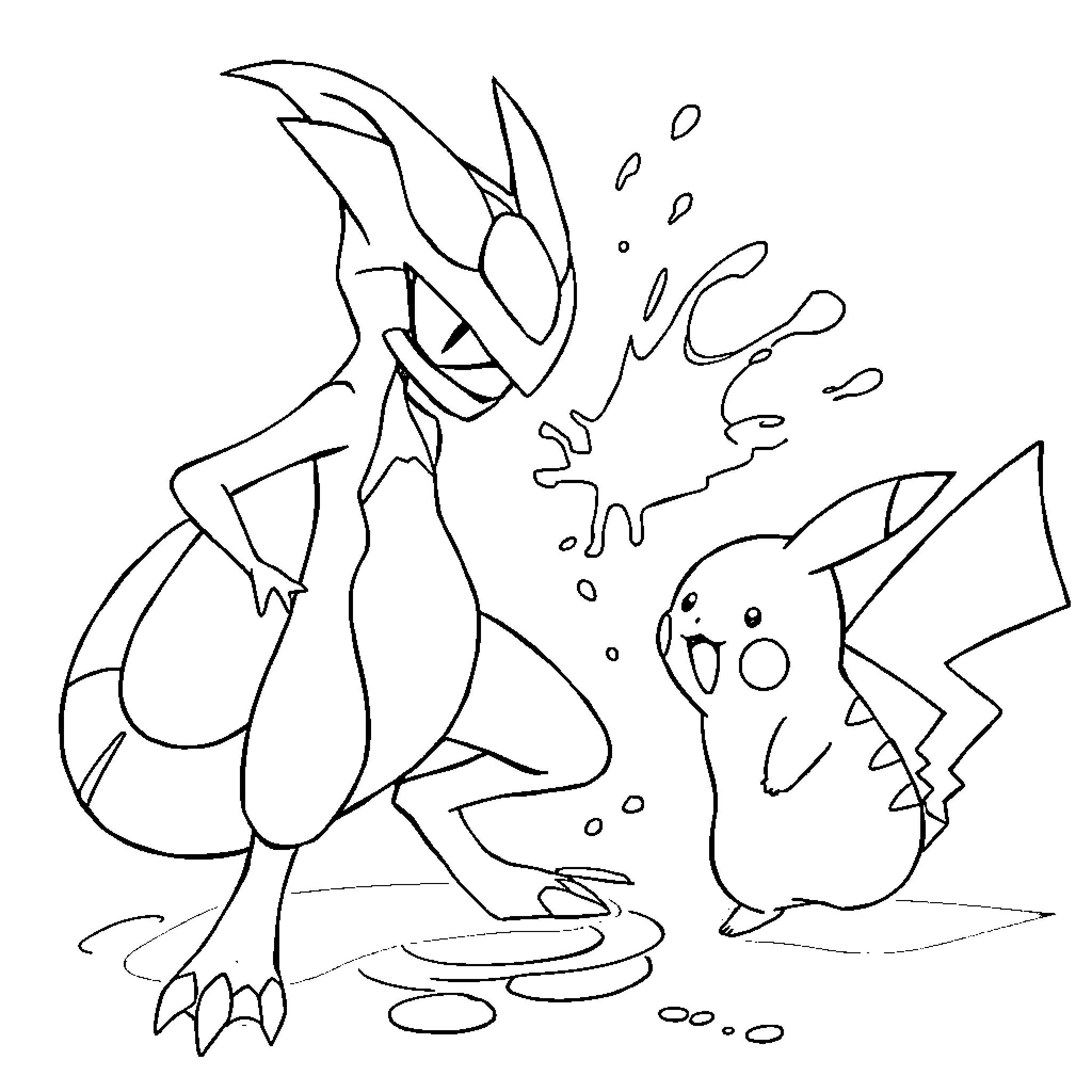 Greninja battling alongside Pikachu Coloring Page (free black-and-white line drawing printable PDF for all, from beginners to advanced learners, including children, teens, adults, and seniors)