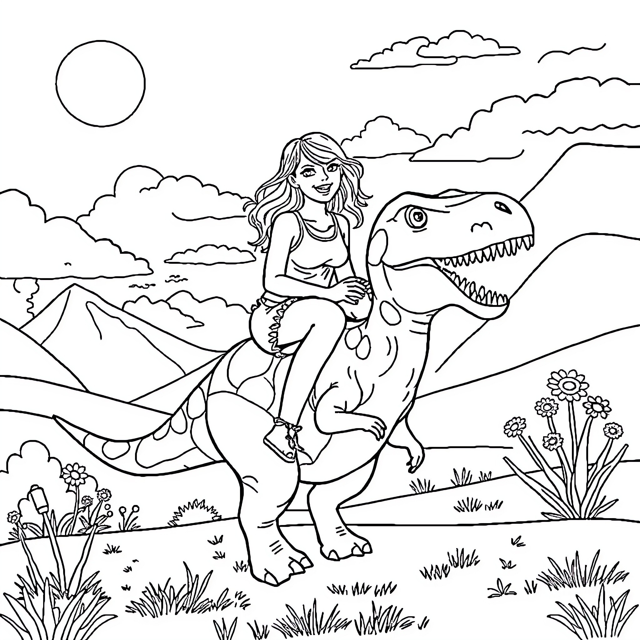 Taylor Swift rides a fearsome dinosaur in the wild Coloring Page (free black-and-white line drawing printable PDF for all, from beginners to advanced learners, including children, teens, adults, and seniors)