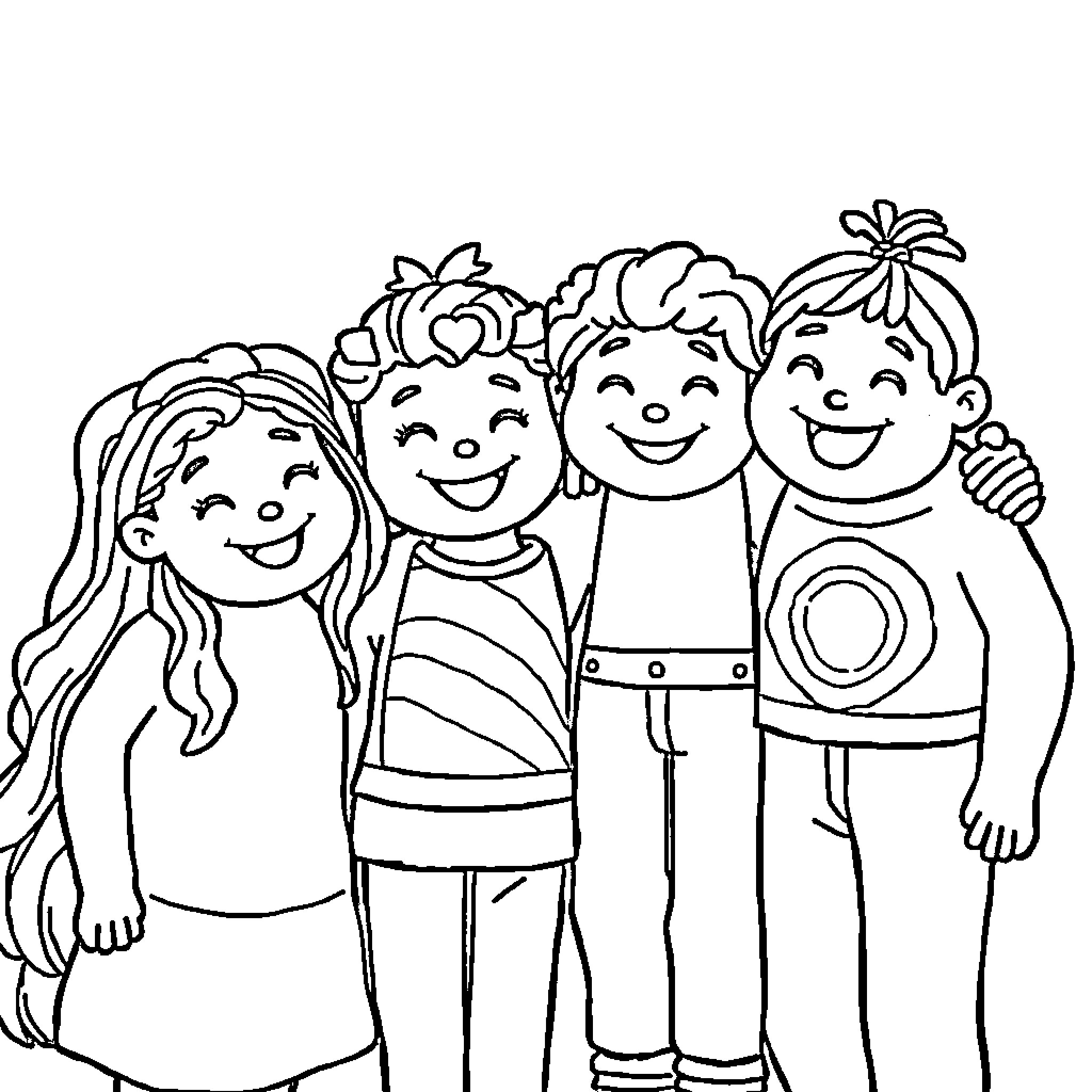 Friends enjoying a happy moment together Coloring Page (free black-and-white line drawing printable PDF for all, from beginners to advanced learners, including children, teens, adults, and seniors)