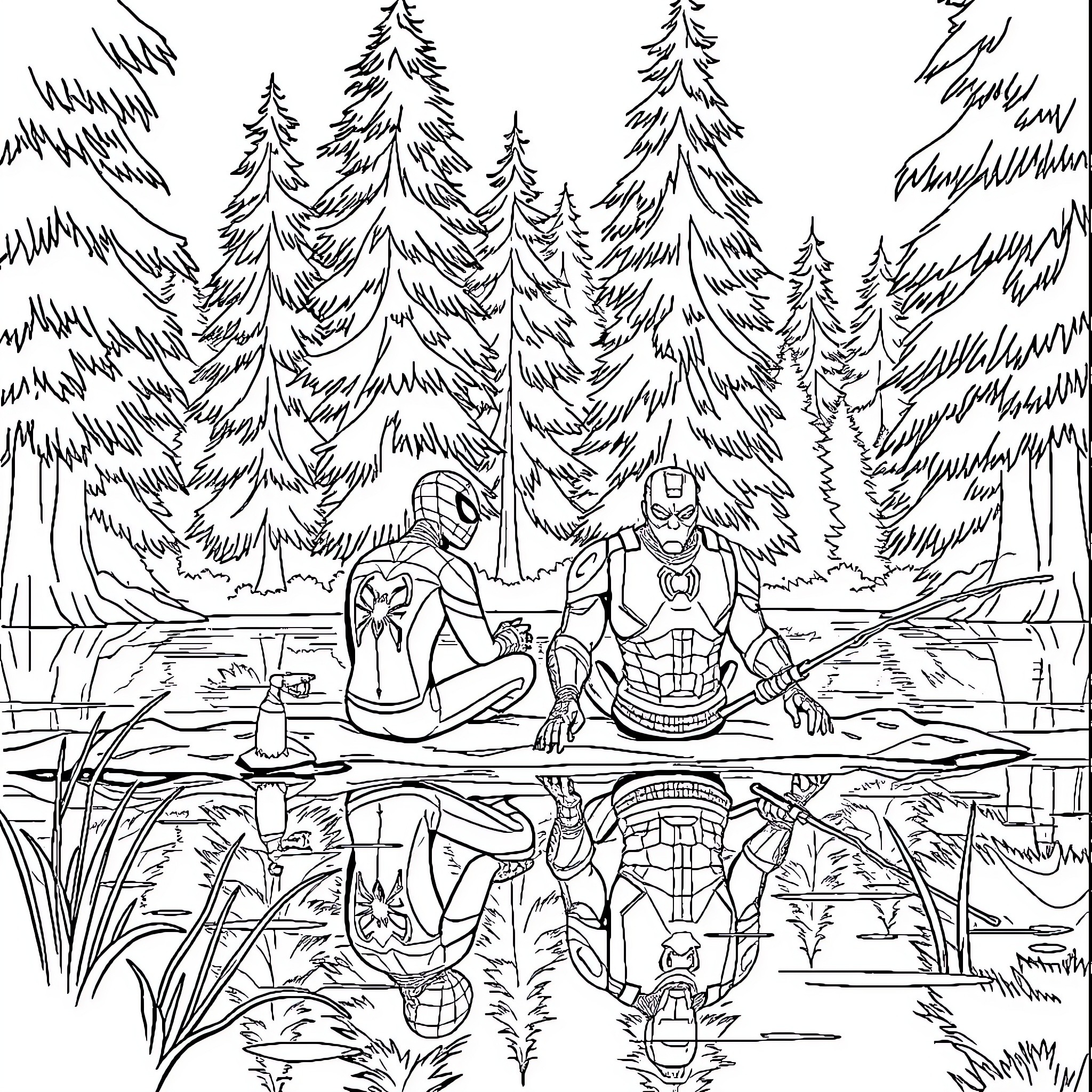 Spiderman and friends enjoy nature's tranquility Coloring Page (free black-and-white line drawing printable PDF for all, from beginners to advanced learners, including children, teens, adults, and seniors)