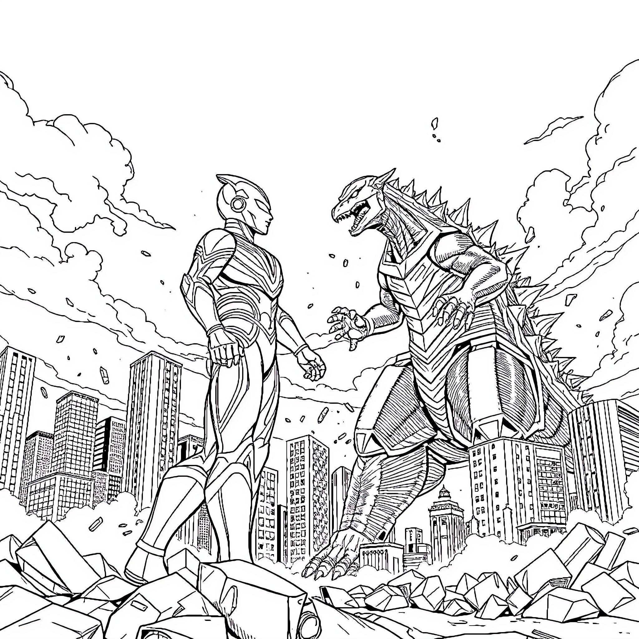 Ultraman battles a fierce kaiju monster in the city Coloring Page (free black-and-white line drawing printable PDF for all, from beginners to advanced learners, including children, teens, adults, and seniors)