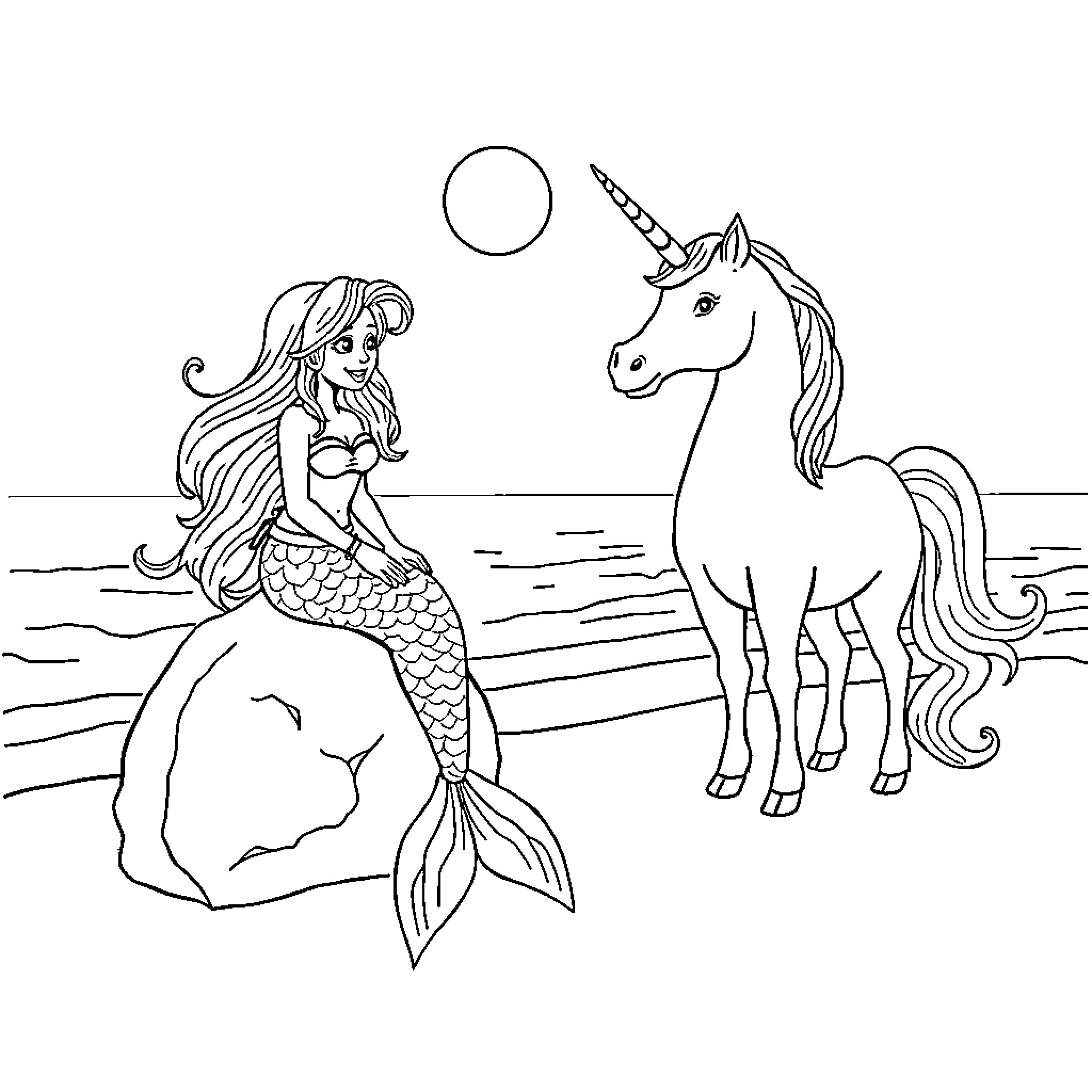 Mermaid and Unicorn by the Seashore Coloring Page (free black-and-white line drawing printable PDF for all, from beginners to advanced learners, including children, teens, adults, and seniors)