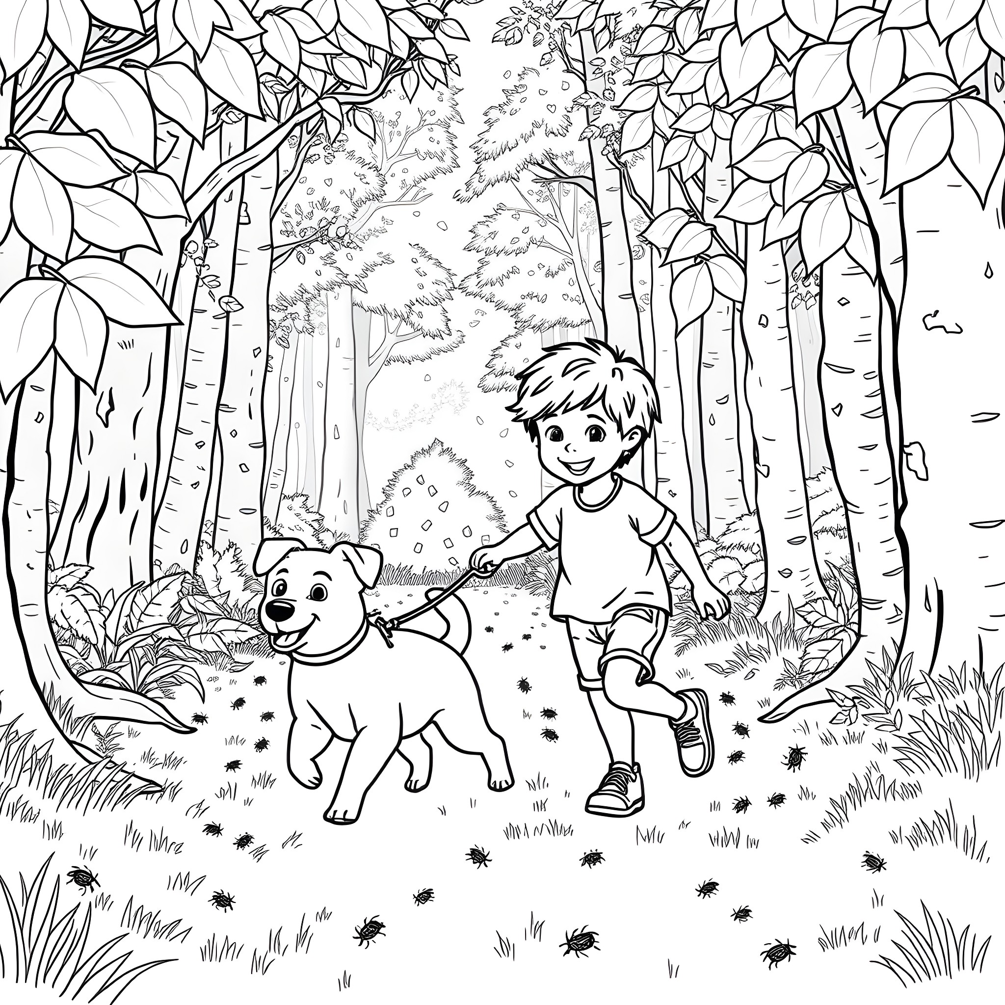 Dog and boy playing happily in the forest Coloring Page (free black-and-white line drawing printable PDF for all, from beginners to advanced learners, including children, teens, adults, and seniors)