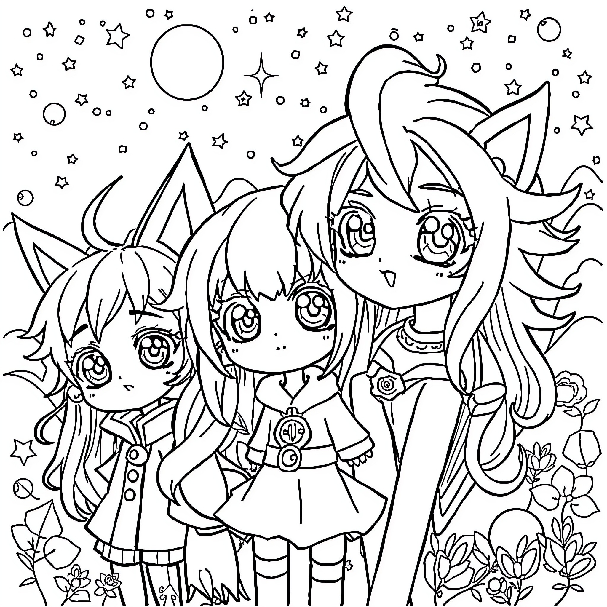 Anime Girls in Magical Forest Scene Coloring Page (free black-and-white line drawing printable PDF for all, from beginners to advanced learners, including children, teens, adults, and seniors)