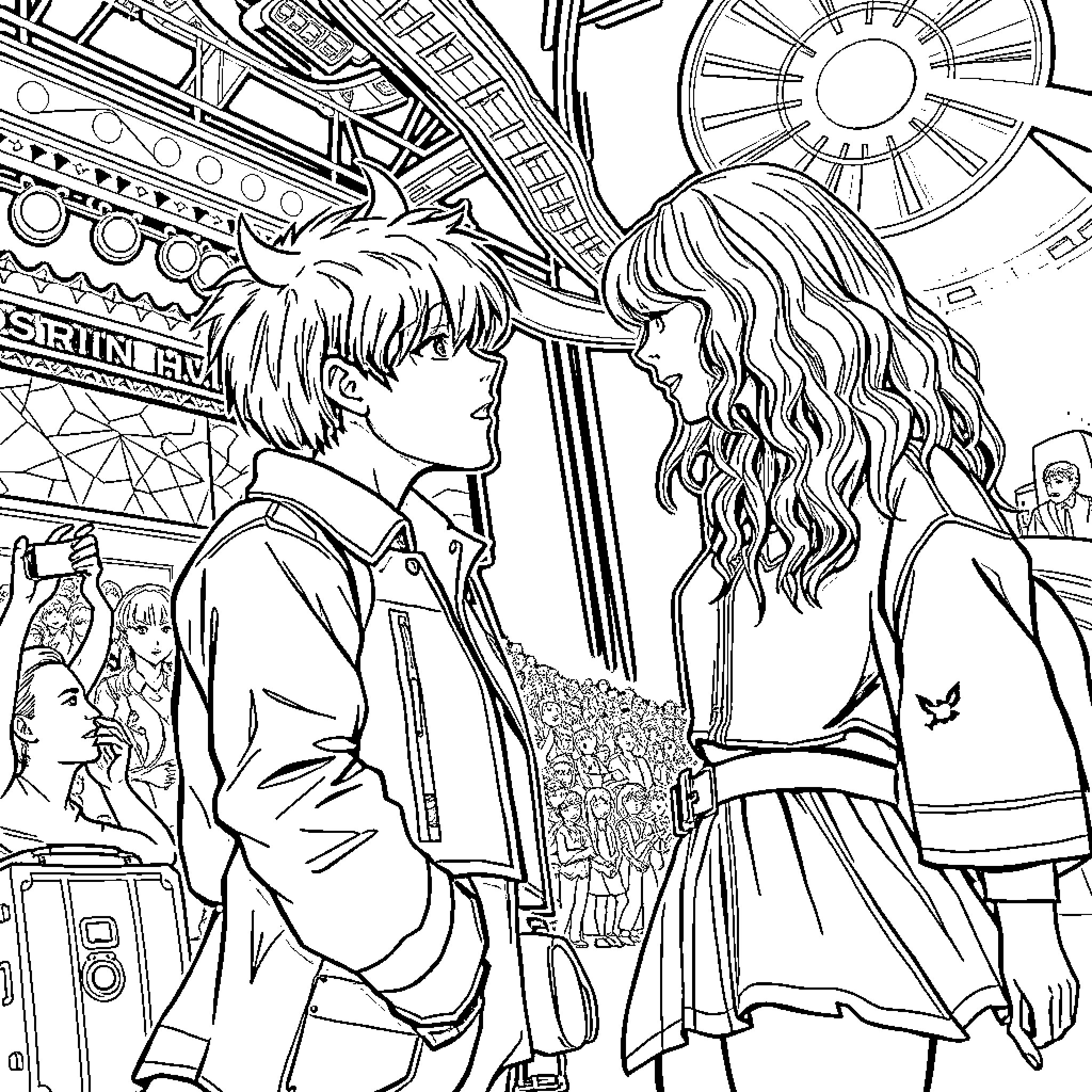 Rumi: A Tender Moment in a Vibrant Cityscape Coloring Page (free black-and-white line drawing printable PDF for all, from beginners to advanced learners, including children, teens, adults, and seniors)