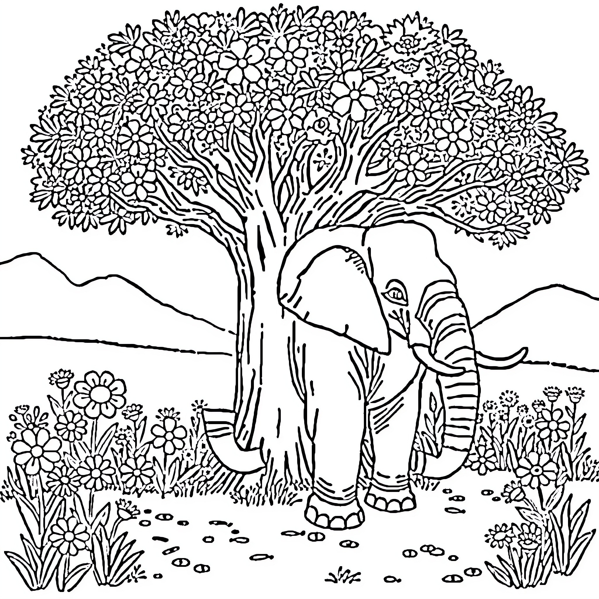 Elephant under a blossoming tree in a meadow Coloring Page (free black-and-white line drawing printable PDF for all, from beginners to advanced learners, including children, teens, adults, and seniors)