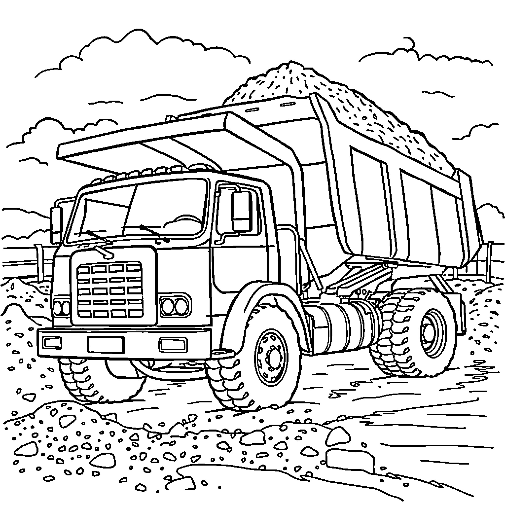 Dump Truck Hauling Gravel on Rugged Terrain Coloring Page (free black-and-white line drawing printable PDF for all, from beginners to advanced learners, including children, teens, adults, and seniors)