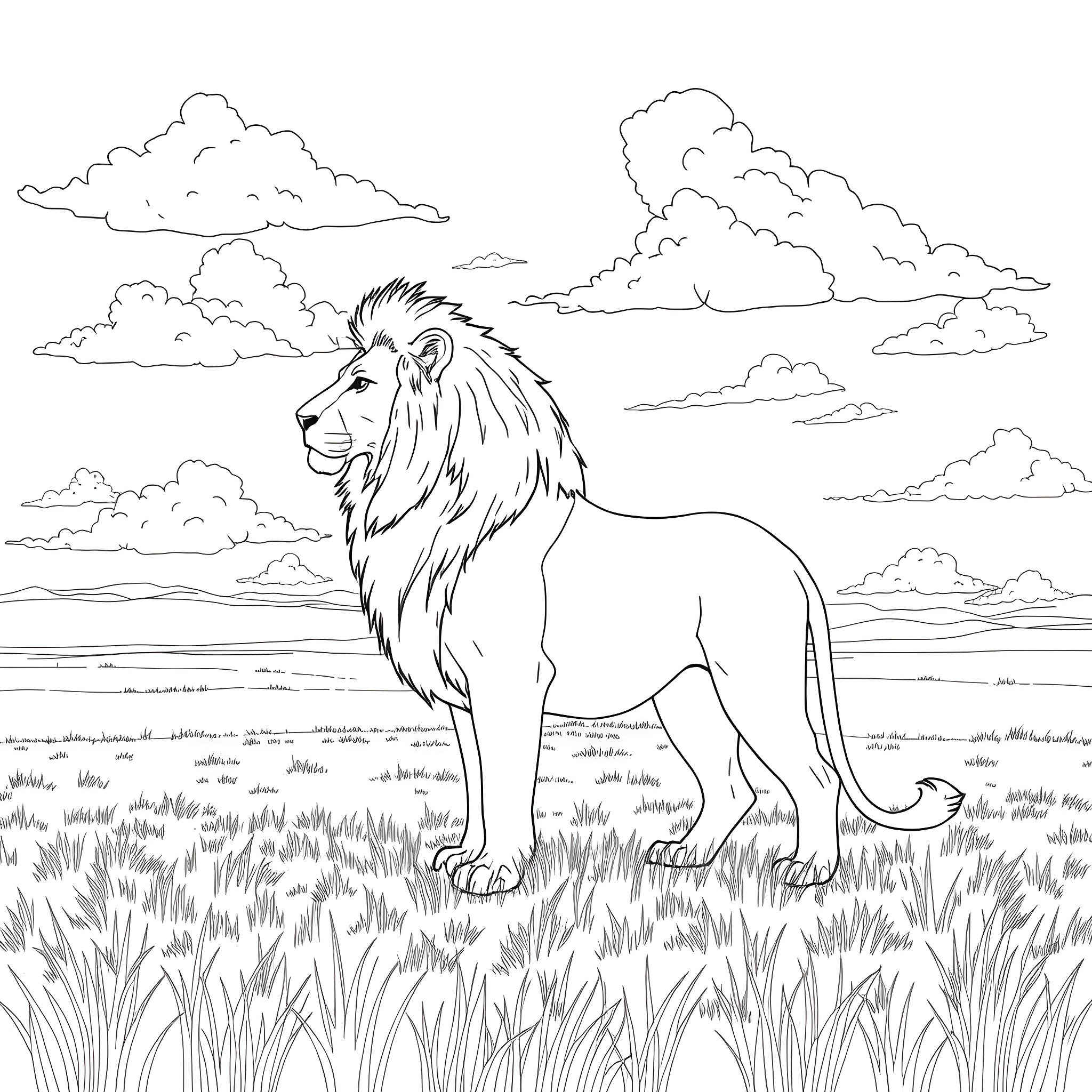 Lion standing proudly in the savanna Coloring Page (free black-and-white line drawing printable PDF for all, from beginners to advanced learners, including children, teens, adults, and seniors)
