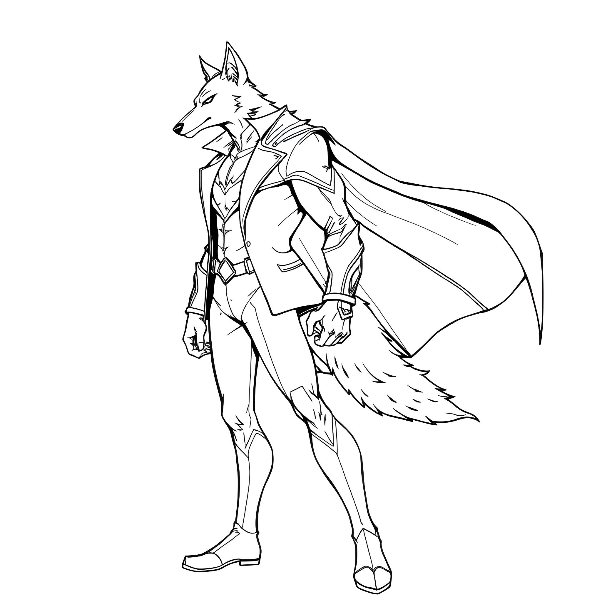 Superhero Wolf Warrior in Heroic Pose Coloring Page (free black-and-white line drawing printable PDF for all, from beginners to advanced learners, including children, teens, adults, and seniors)