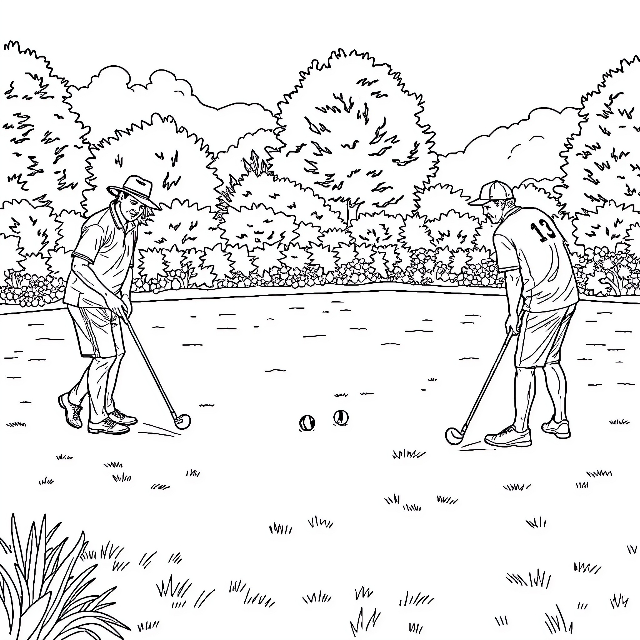 Lawn Bowls Players Enjoying the Game Coloring Page (free black-and-white line drawing printable PDF for all, from beginners to advanced learners, including children, teens, adults, and seniors)