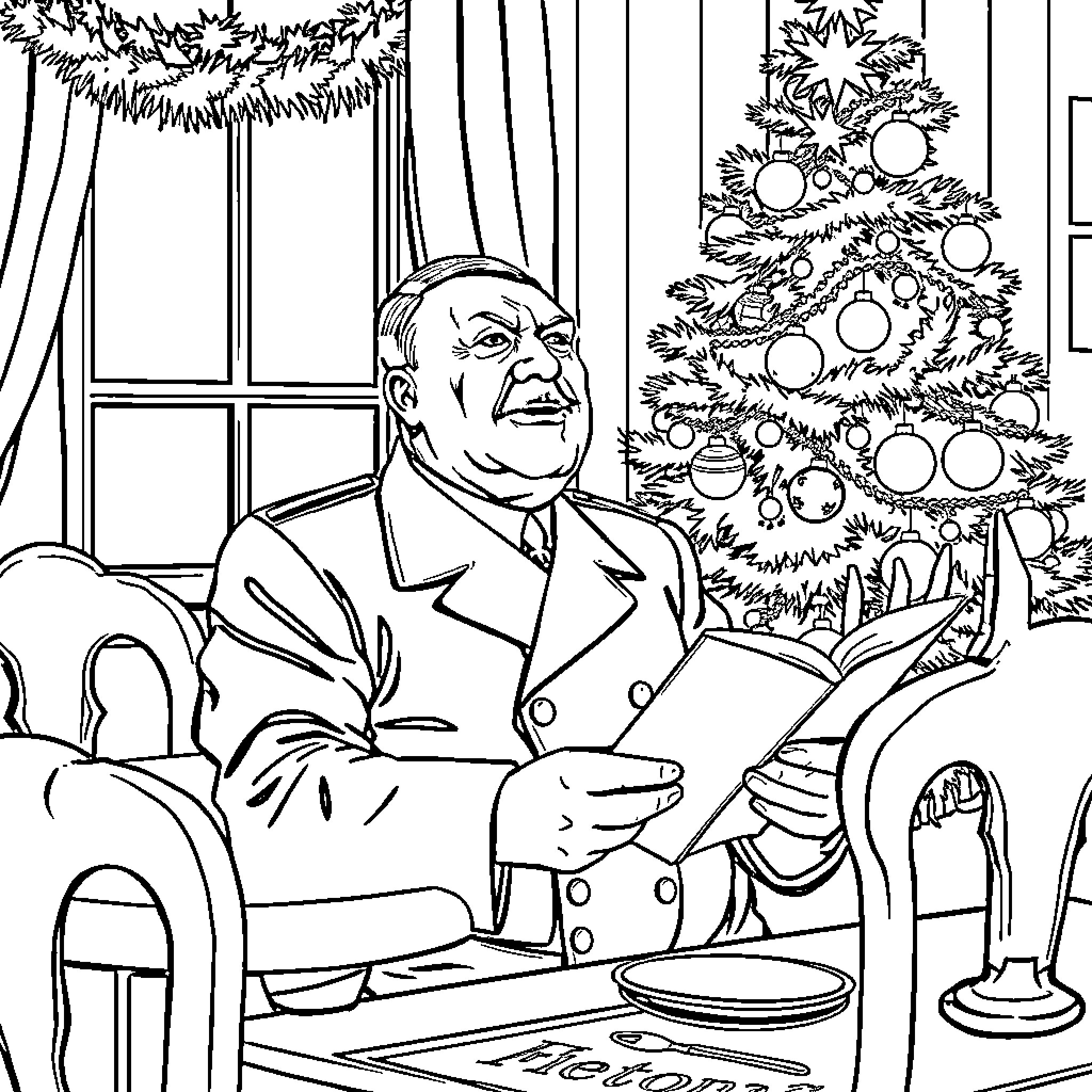 Adolf Hitler reading by the fireplace near Christmas tree Coloring Page (free black-and-white line drawing printable PDF for all, from beginners to advanced learners, including children, teens, adults, and seniors)