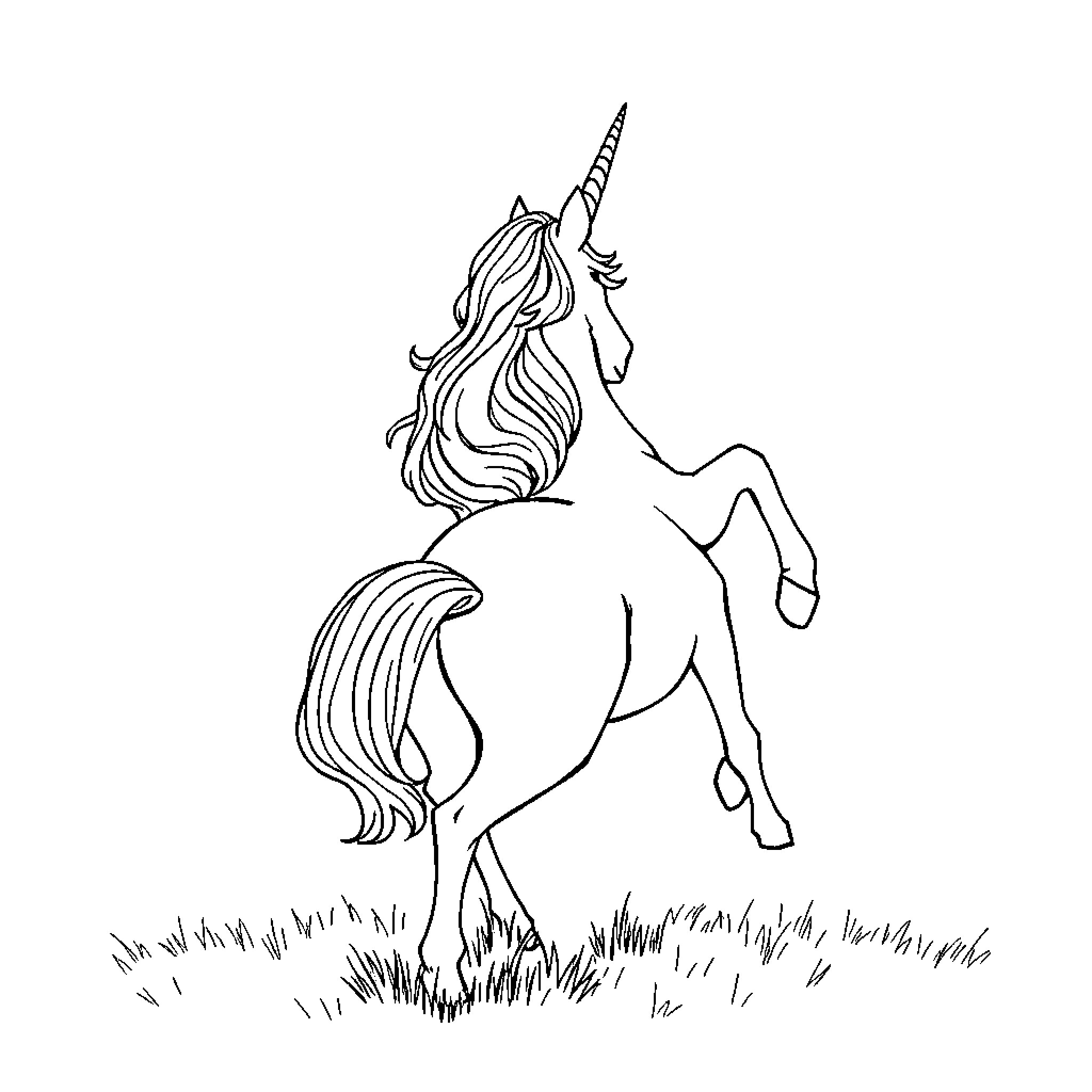 Einhorn prancing in a meadow Coloring Page (free black-and-white line drawing printable PDF for all, from beginners to advanced learners, including children, teens, adults, and seniors)