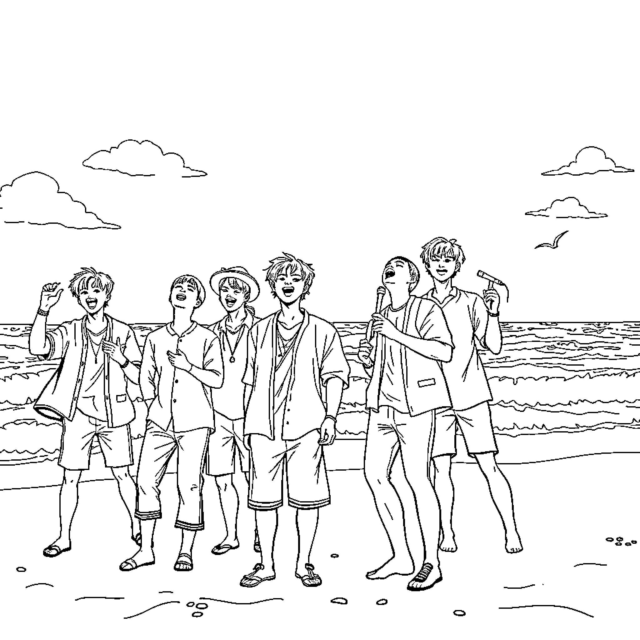 Boy friends enjoying a day at the beach Coloring Page (free black-and-white line drawing printable PDF for all, from beginners to advanced learners, including children, teens, adults, and seniors)