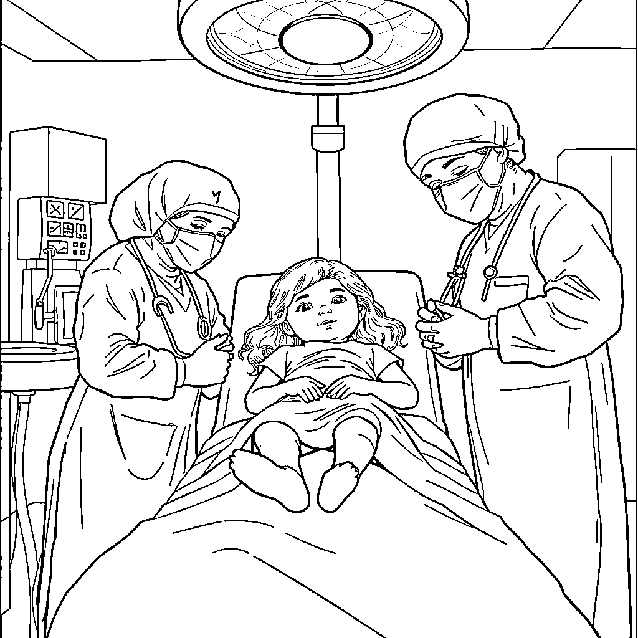 Daughter receiving medical treatment from doctors Coloring Page (free black-and-white line drawing printable PDF for all, from beginners to advanced learners, including children, teens, adults, and seniors)