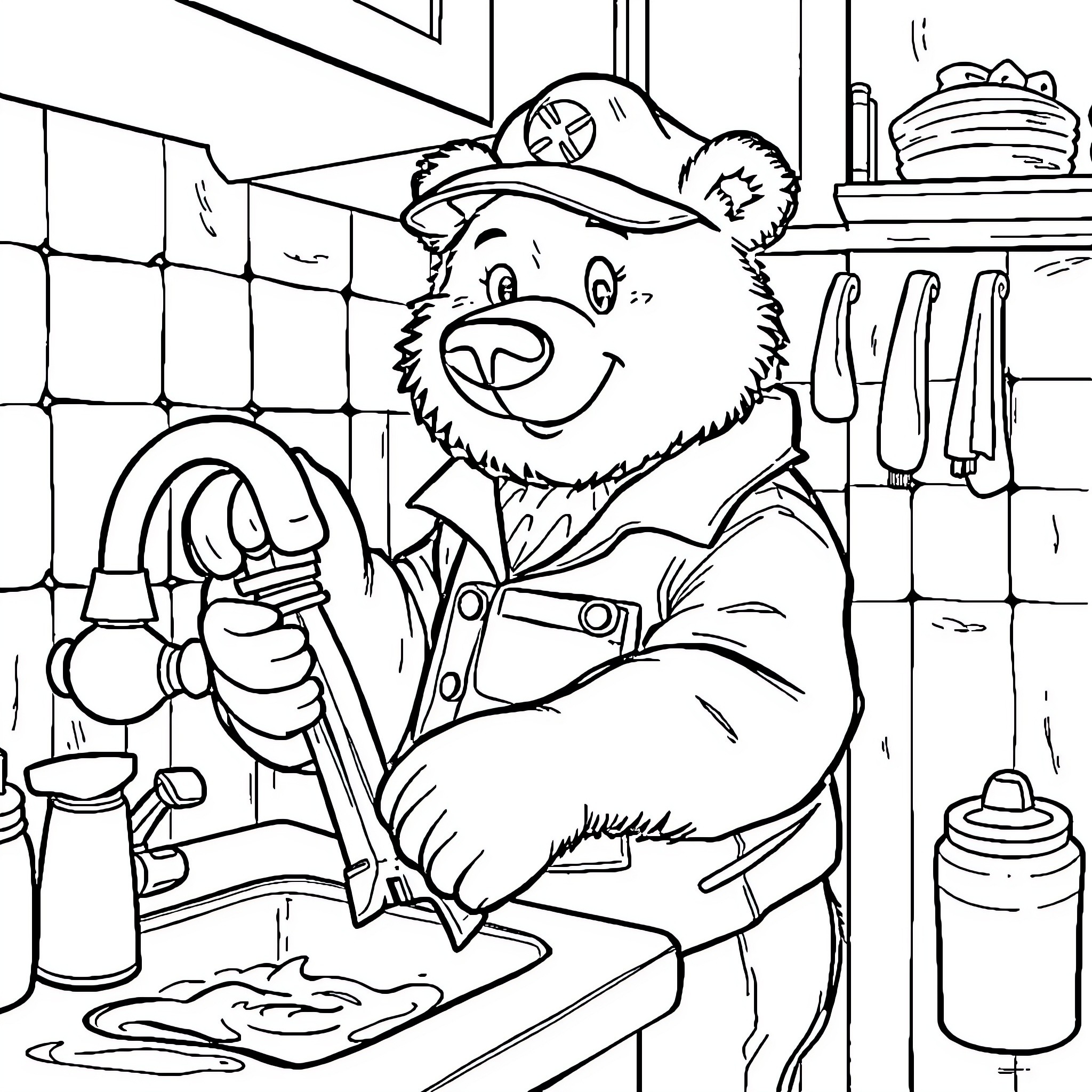 Bear working hard in the kitchen Coloring Page (free black-and-white line drawing printable PDF for all, from beginners to advanced learners, including children, teens, adults, and seniors)