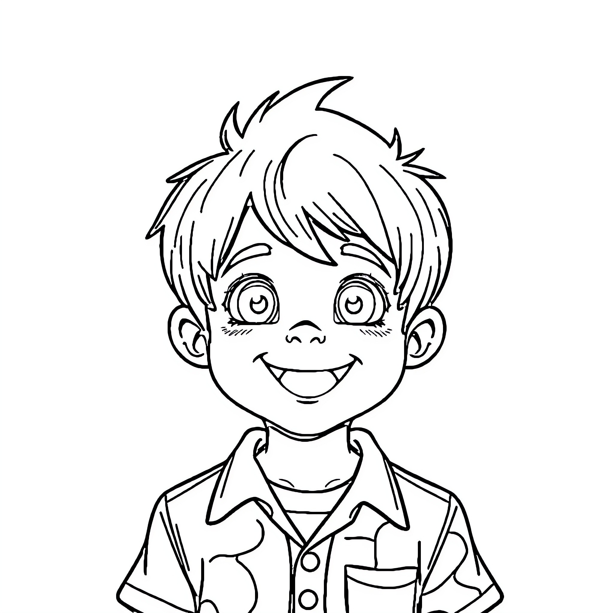 Upin's Cheerful Expression and Outfit Coloring Page (free black-and-white line drawing printable PDF for all, from beginners to advanced learners, including children, teens, adults, and seniors)