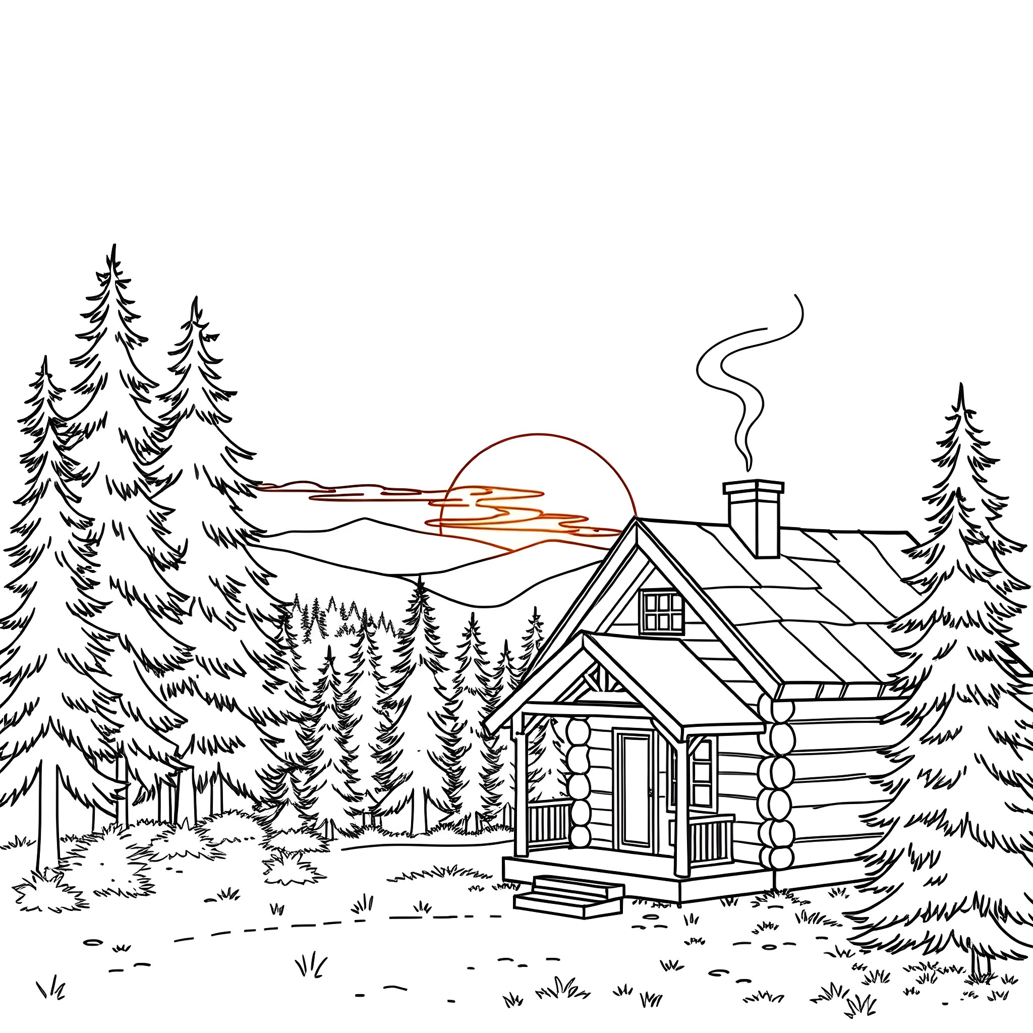 Log Cabin in a Serene Forest Landscape Coloring Page (free black-and-white line drawing printable PDF for all, from beginners to advanced learners, including children, teens, adults, and seniors)