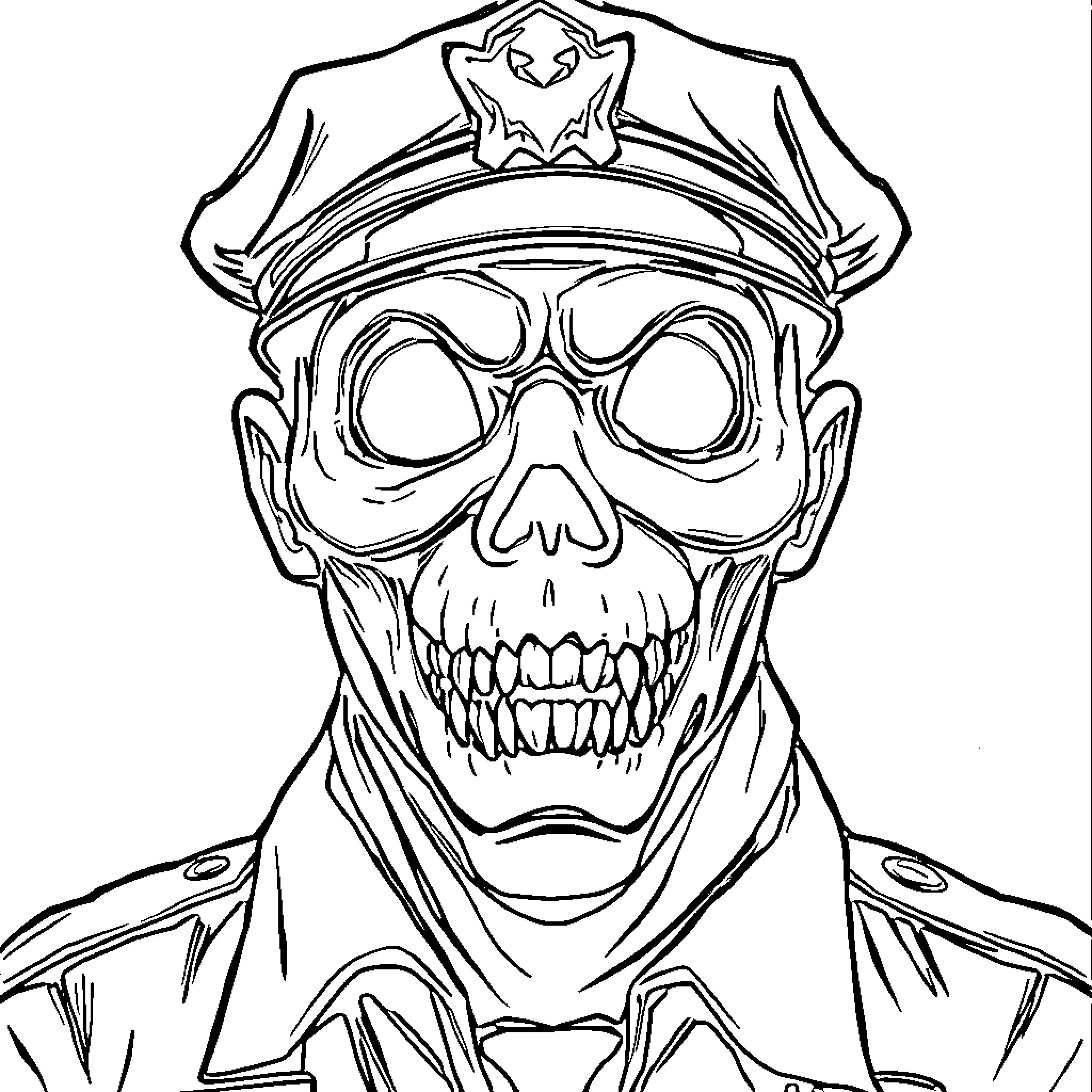 Ghost Police Officer Skull with Frightening Expression Coloring Page (free black-and-white line drawing printable PDF for all, from beginners to advanced learners, including children, teens, adults, and seniors)