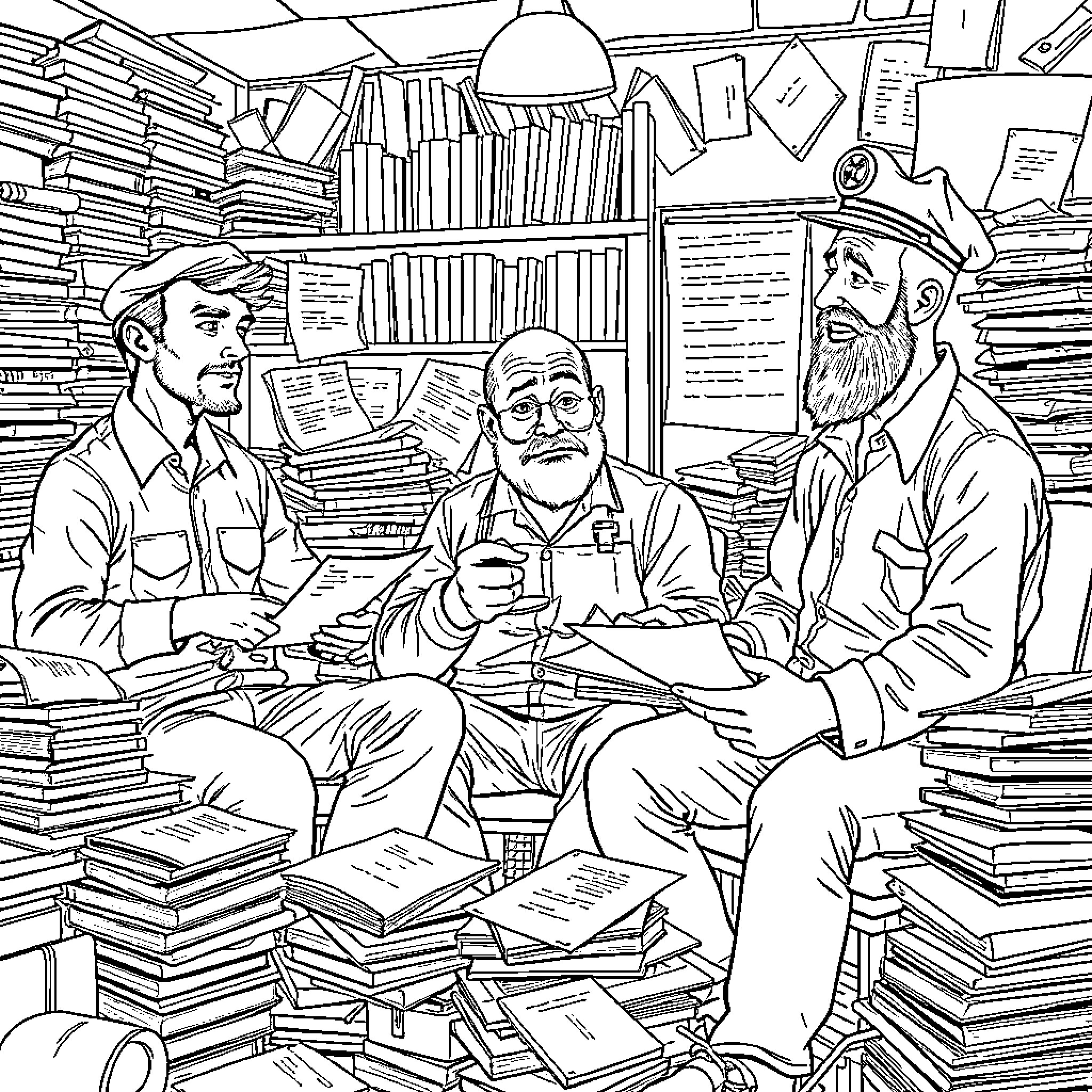 Men in Serious Discussion in Cluttered Office Coloring Page (free black-and-white line drawing printable PDF for all, from beginners to advanced learners, including children, teens, adults, and seniors)