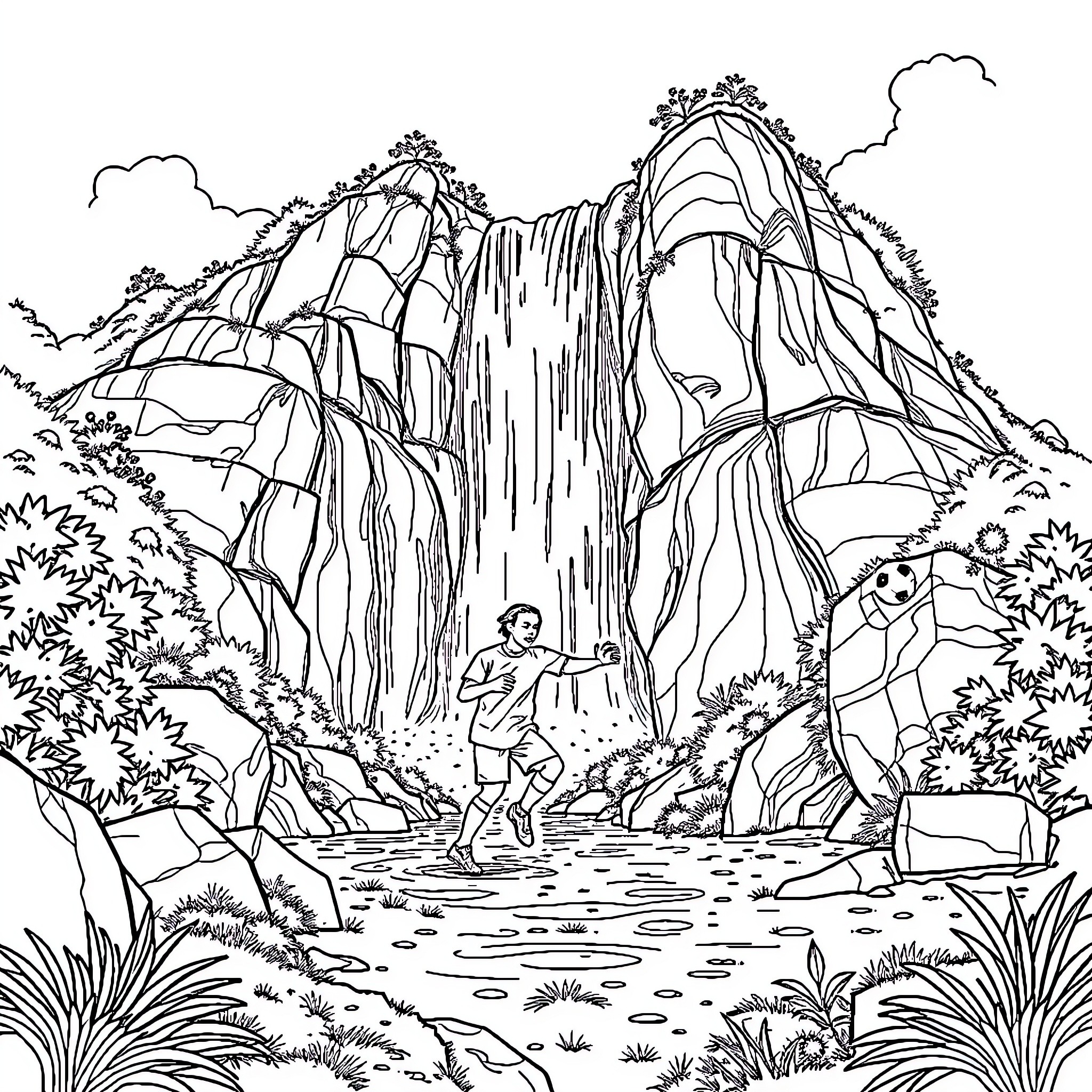 Soccer Player Running Near Waterfall Landscape Coloring Page (free black-and-white line drawing printable PDF for all, from beginners to advanced learners, including children, teens, adults, and seniors)