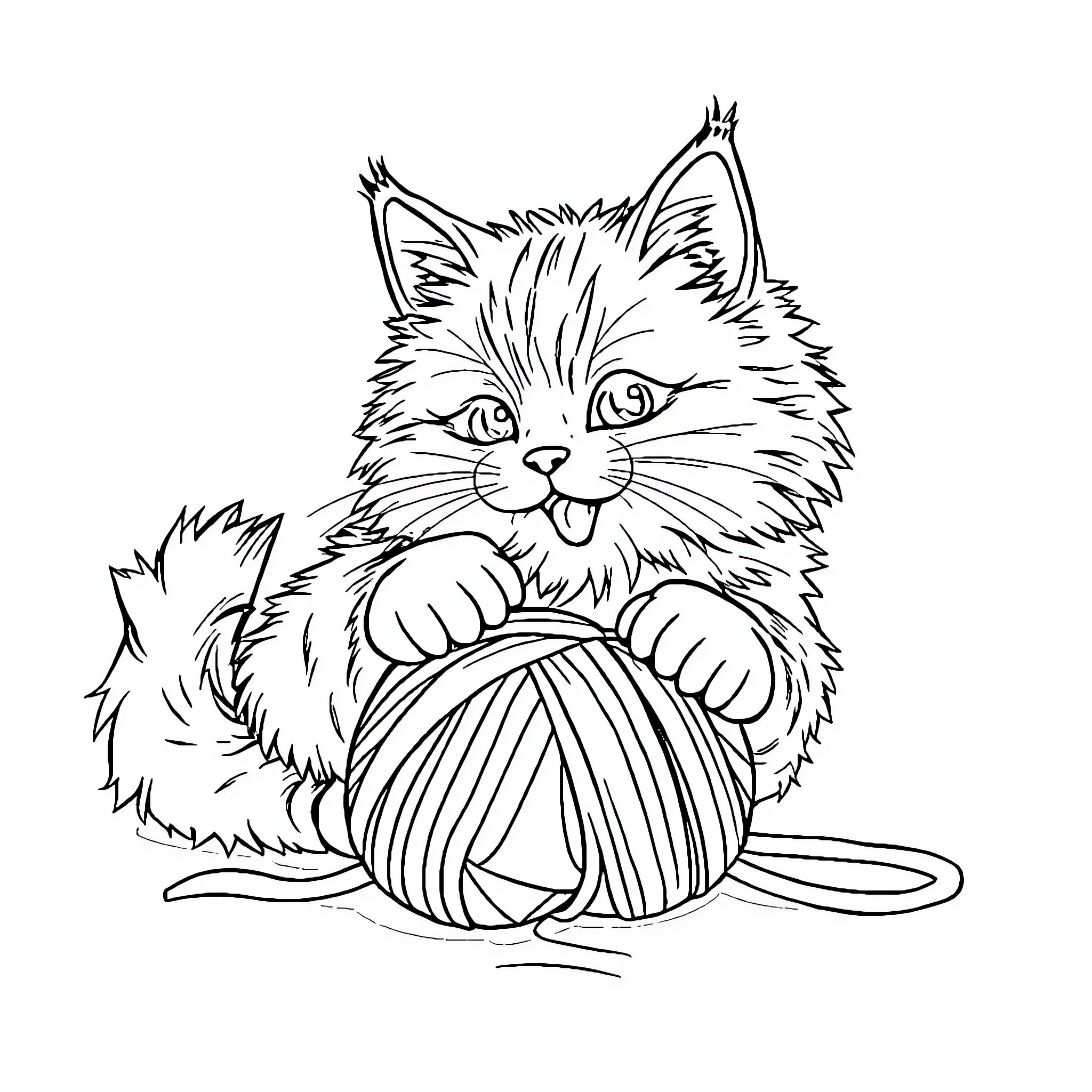 Cat playing with yarn in black and white Coloring Page (free black-and-white line drawing printable PDF for all, from beginners to advanced learners, including children, teens, adults, and seniors)