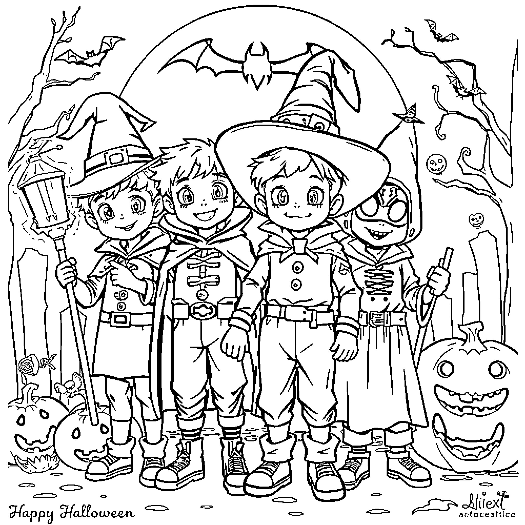 Boys Trick-or-Treating in Halloween Costumes Coloring Page (free black-and-white line drawing printable PDF for all, from beginners to advanced learners, including children, teens, adults, and seniors)