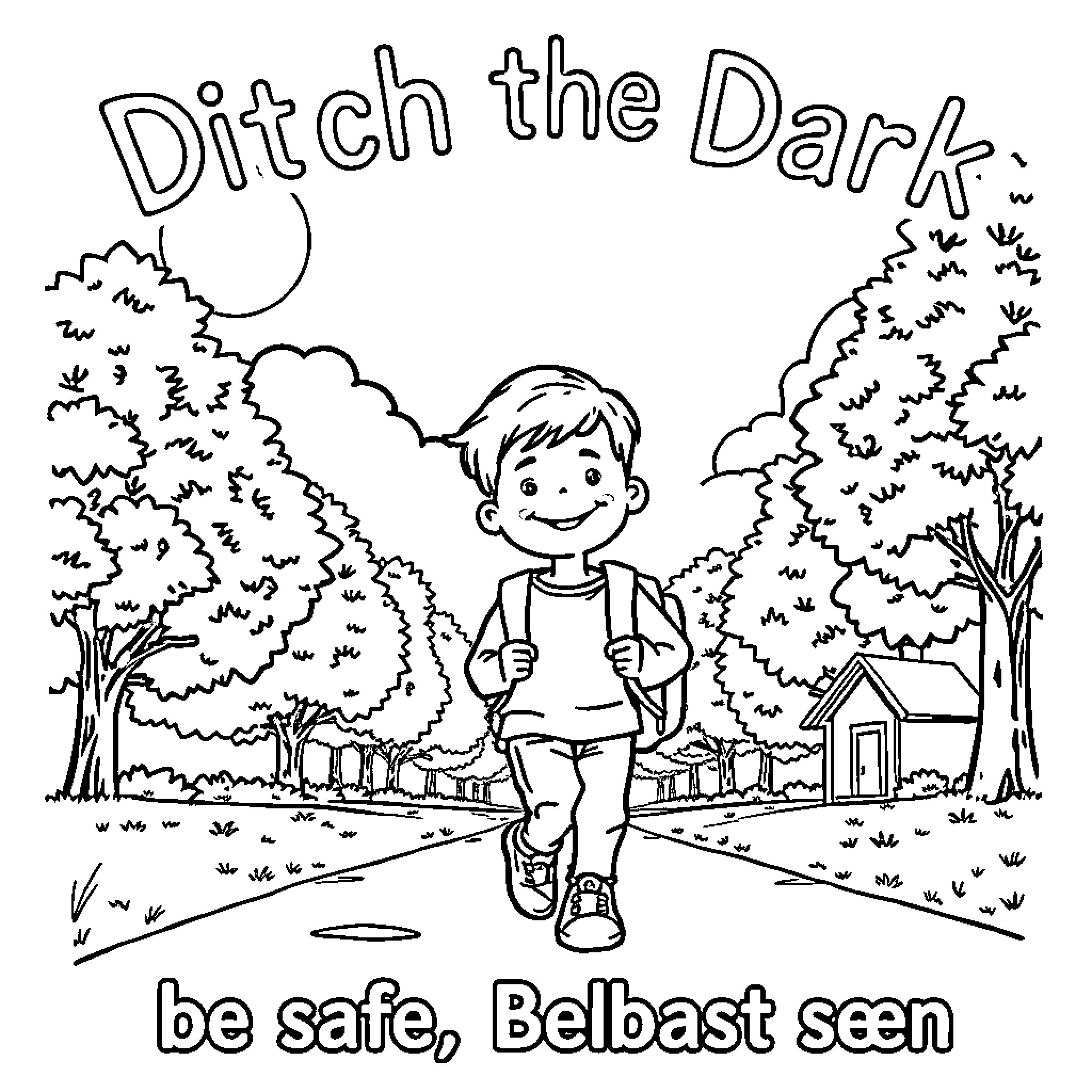 Boy walking on a forest path at night Coloring Page (free black-and-white line drawing printable PDF for all, from beginners to advanced learners, including children, teens, adults, and seniors)
