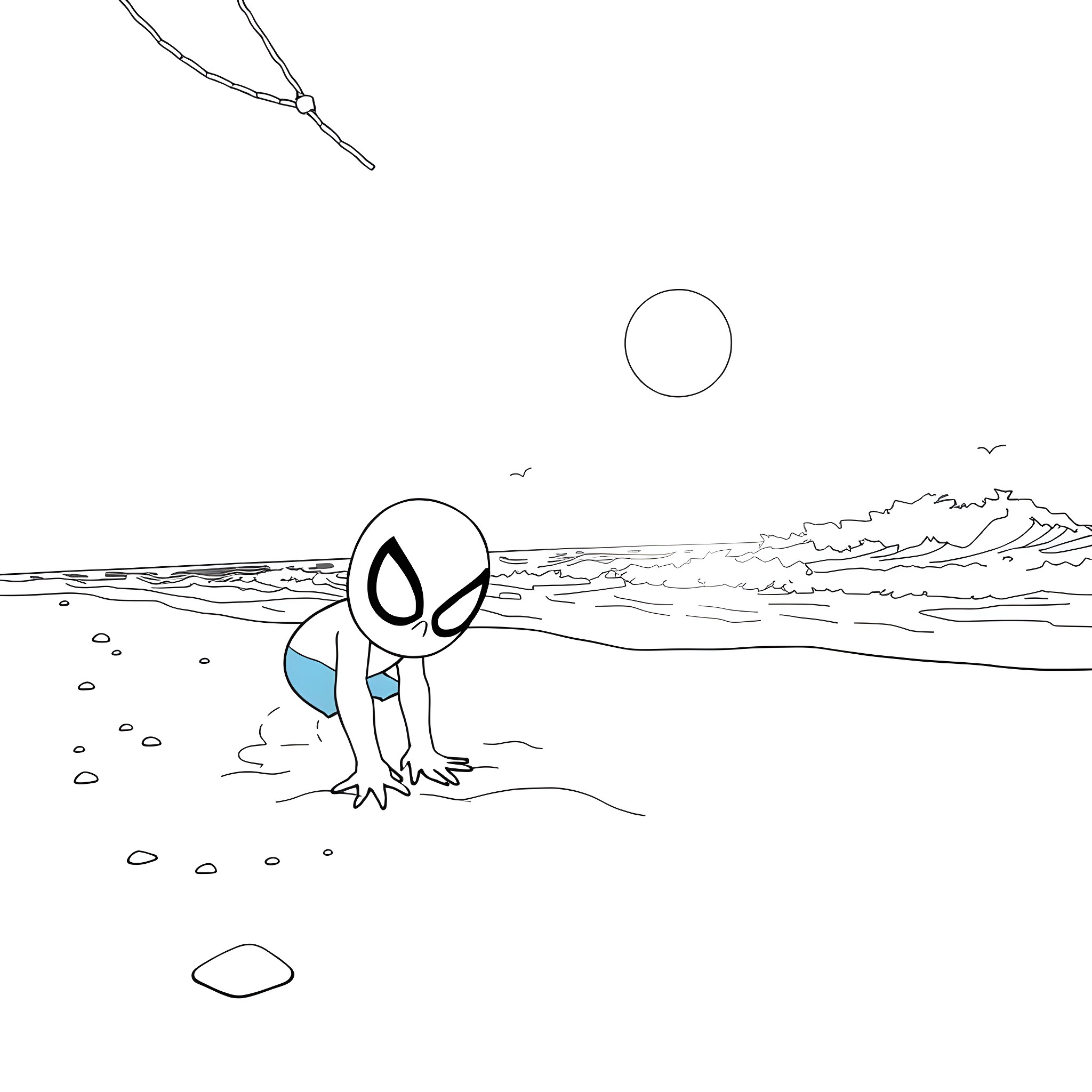 Bluey exploring the beach alone Coloring Page (free black-and-white line drawing printable PDF for all, from beginners to advanced learners, including children, teens, adults, and seniors)