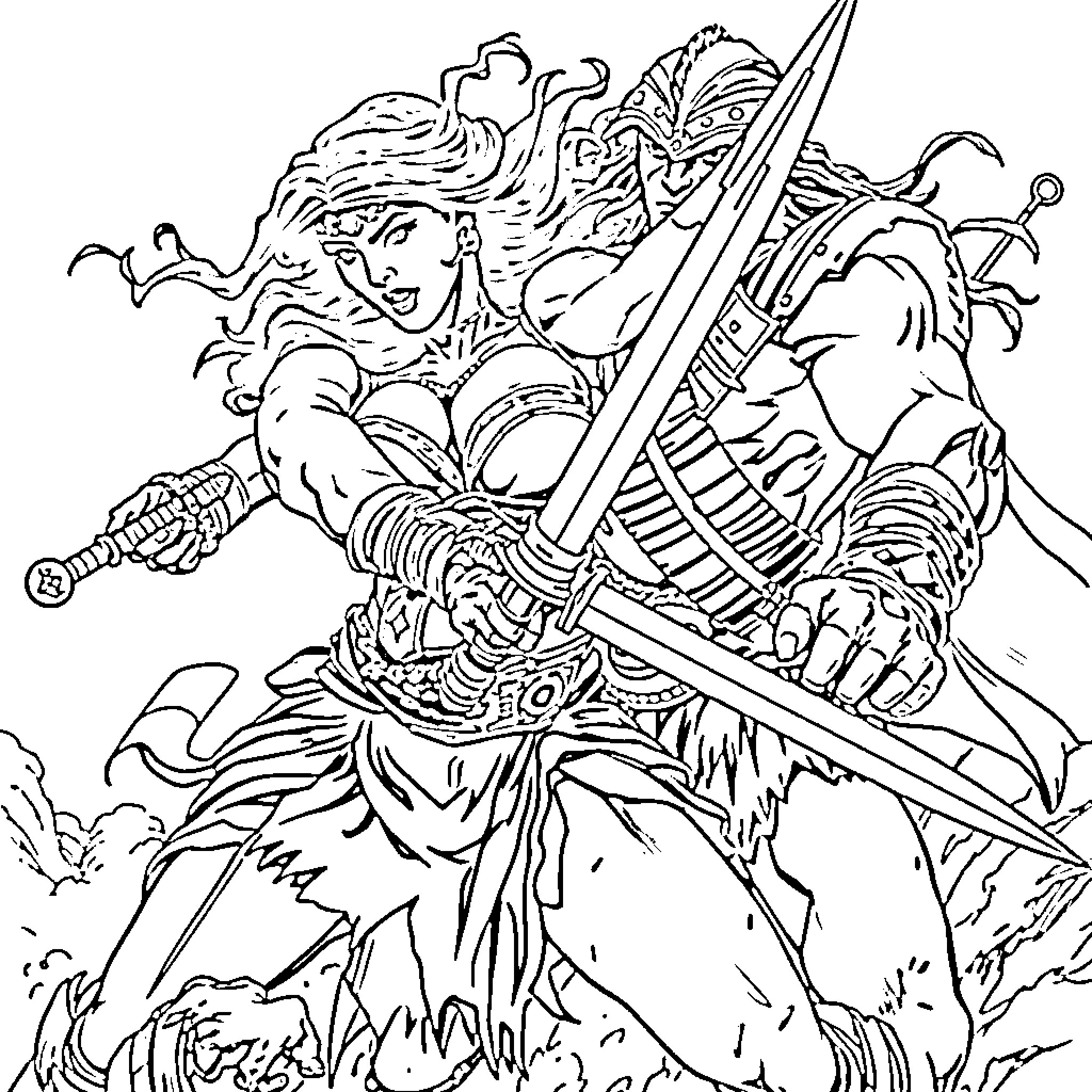 Red Sonja battles with her sword and armor Coloring Page (free black-and-white line drawing printable PDF for all, from beginners to advanced learners, including children, teens, adults, and seniors)