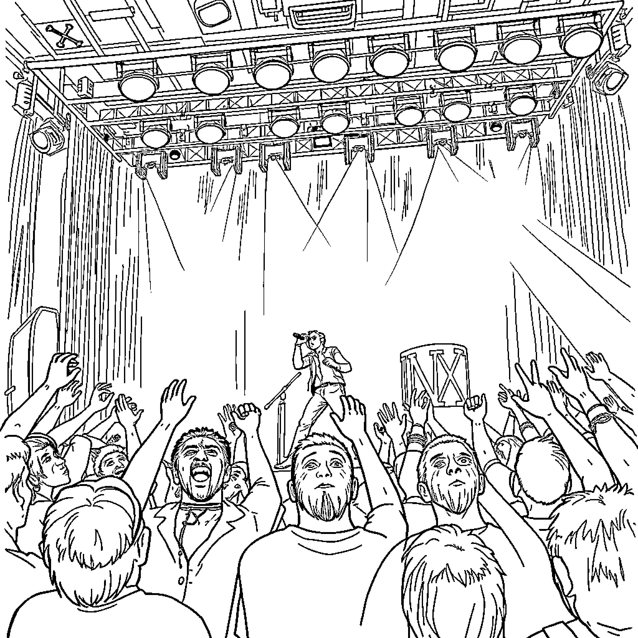 INXS Live Performance on Stage with Enthusiastic Crowd Coloring Page (free black-and-white line drawing printable PDF for all, from beginners to advanced learners, including children, teens, adults, and seniors)
