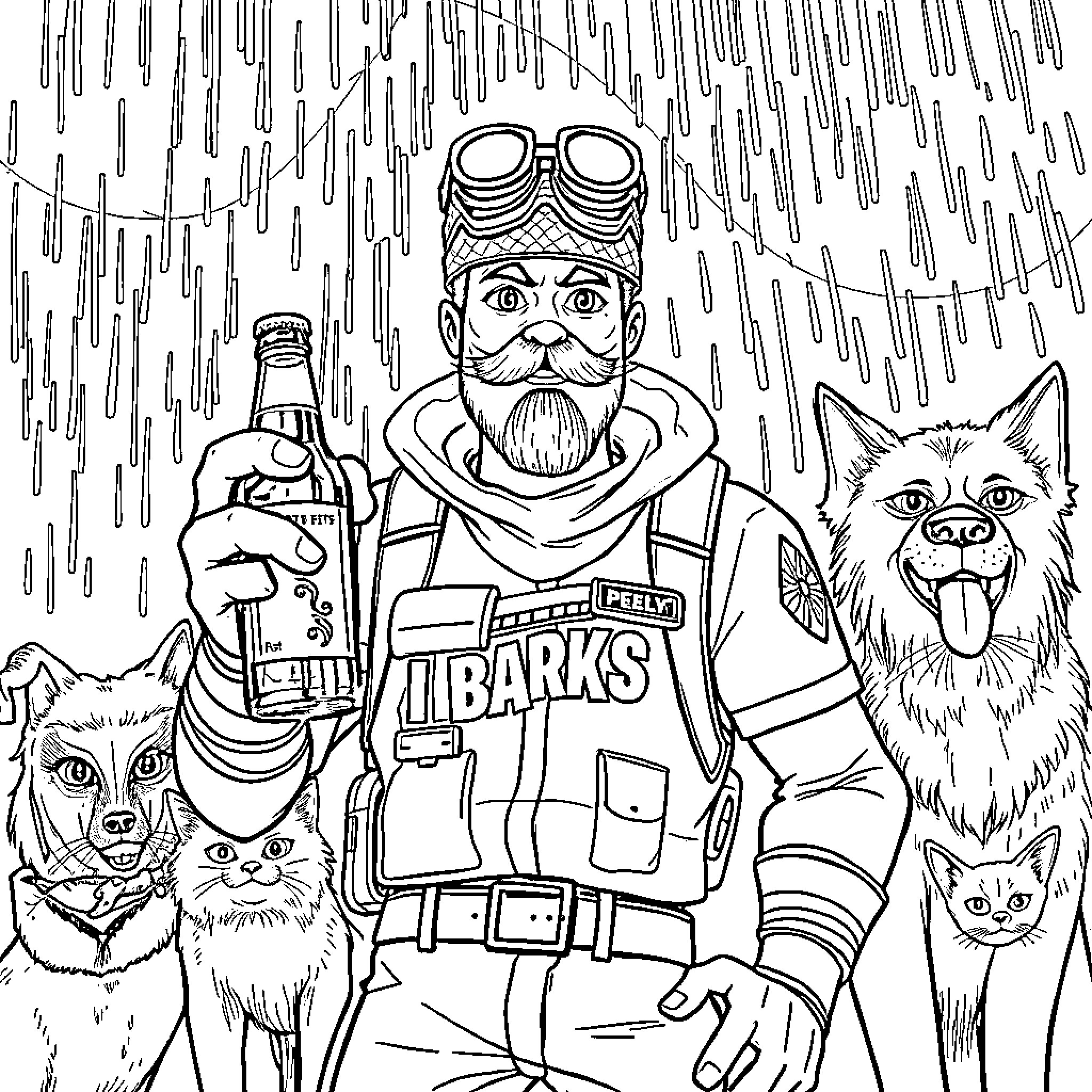 Fortnite Character in Rainy Outdoor Adventure Coloring Page (free black-and-white line drawing printable PDF for all, from beginners to advanced learners, including children, teens, adults, and seniors)
