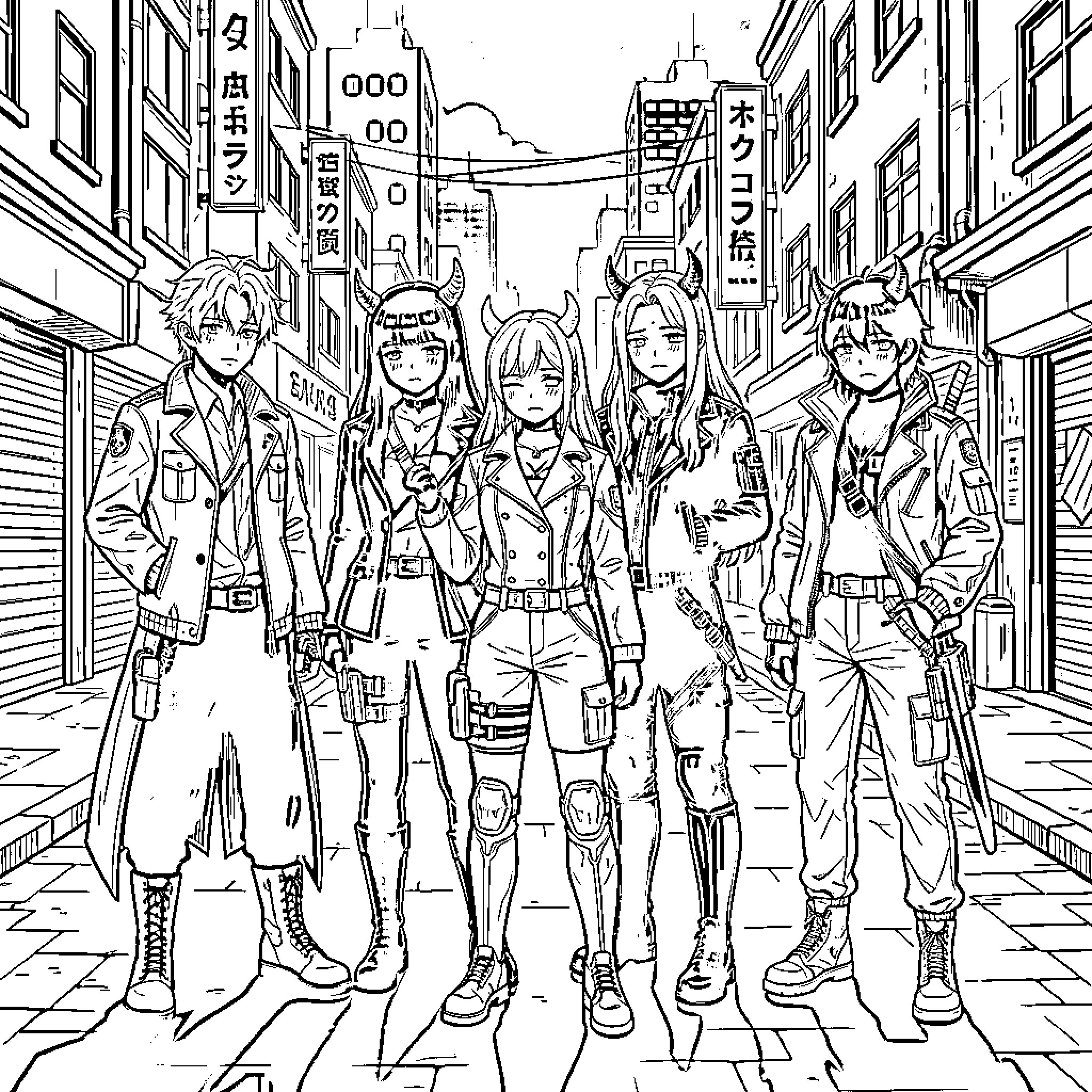 Demonhunter Squad in Action on City Streets Coloring Page (free black-and-white line drawing printable PDF for all, from beginners to advanced learners, including children, teens, adults, and seniors)