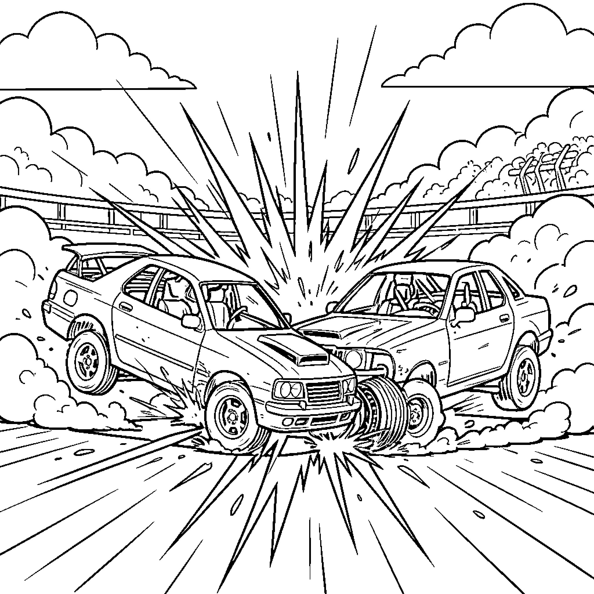 Demolition Derby Cars in Fiery Collision Coloring Page (free black-and-white line drawing printable PDF for all, from beginners to advanced learners, including children, teens, adults, and seniors)