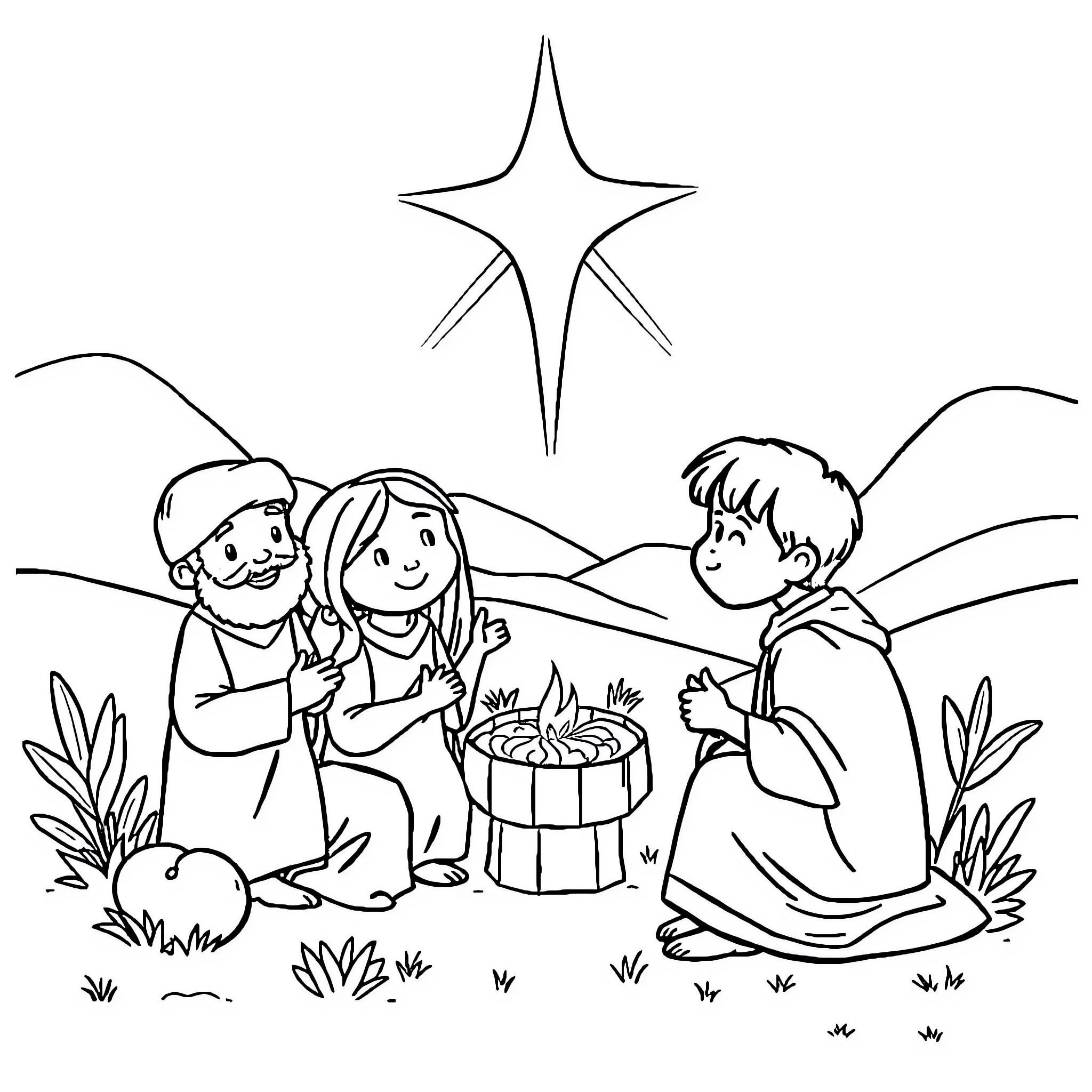 Bible Story of Three Children Gathering Harvest Coloring Page (free black-and-white line drawing printable PDF for all, from beginners to advanced learners, including children, teens, adults, and seniors)